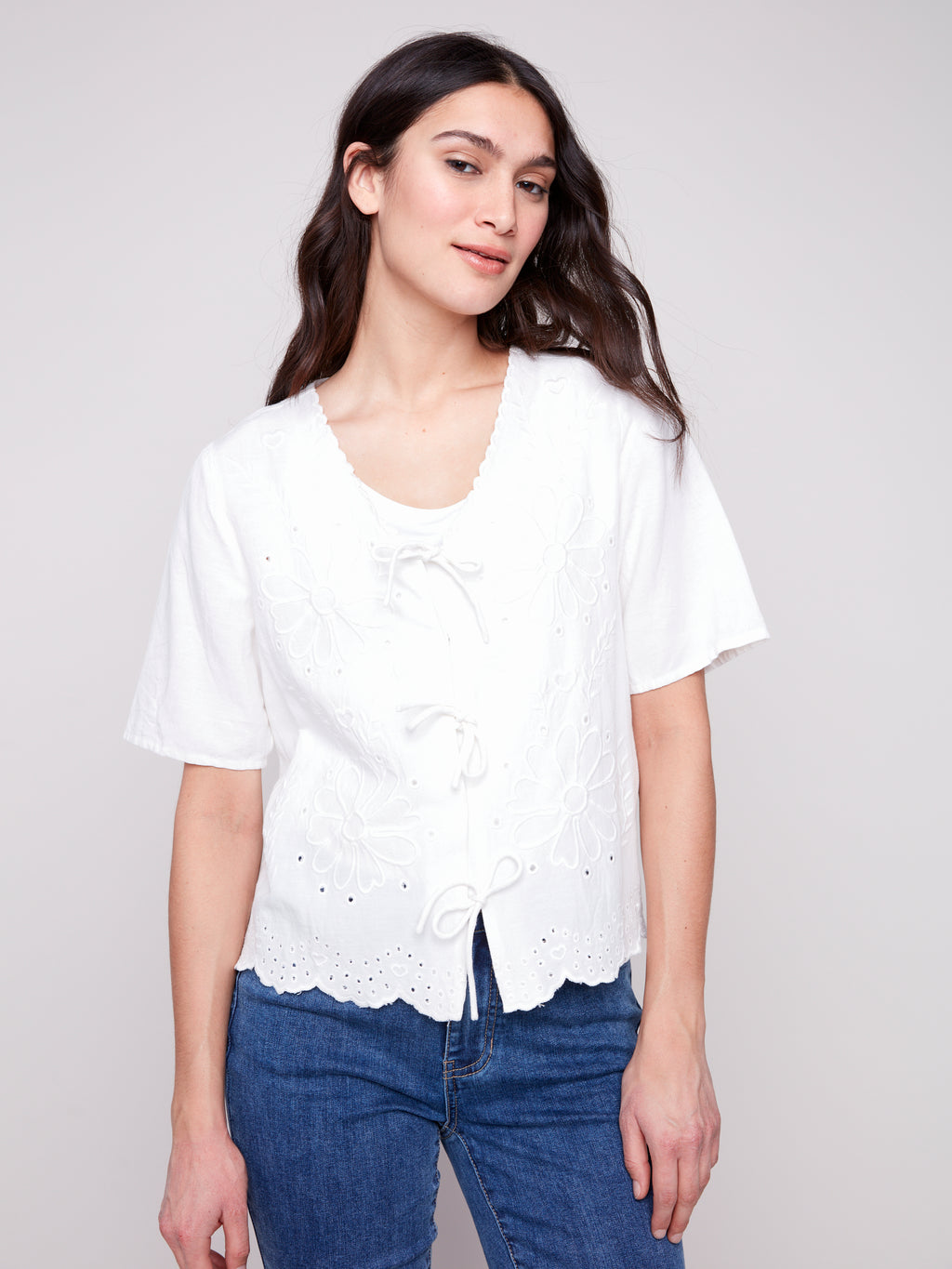 Eyelet Embroidery V-Neck Blouse with Front Ties