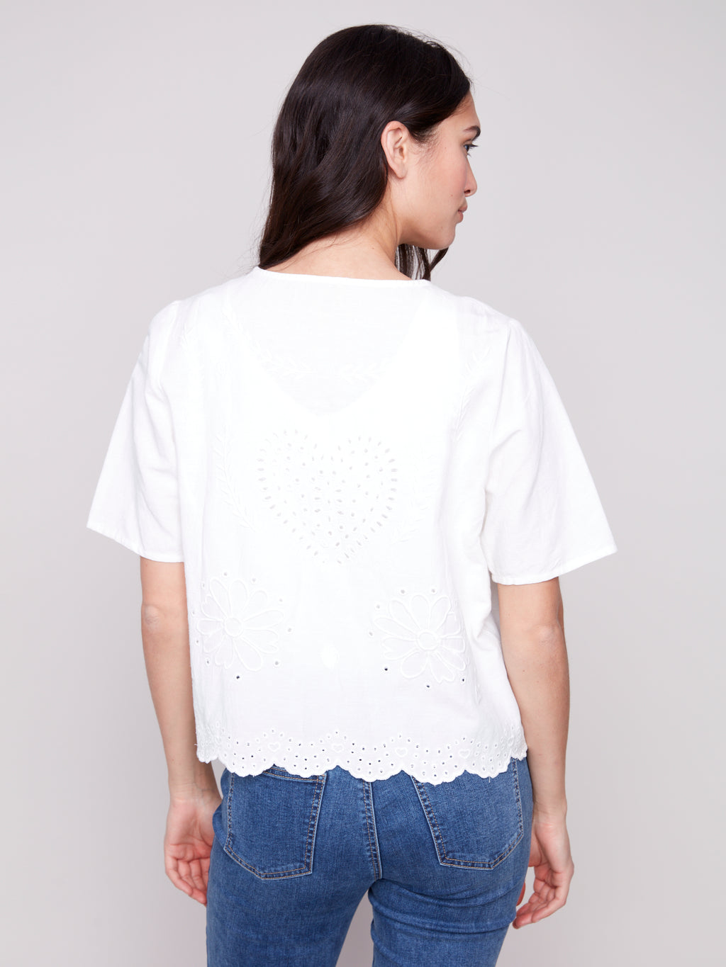 Eyelet Embroidery V-Neck Blouse with Front Ties
