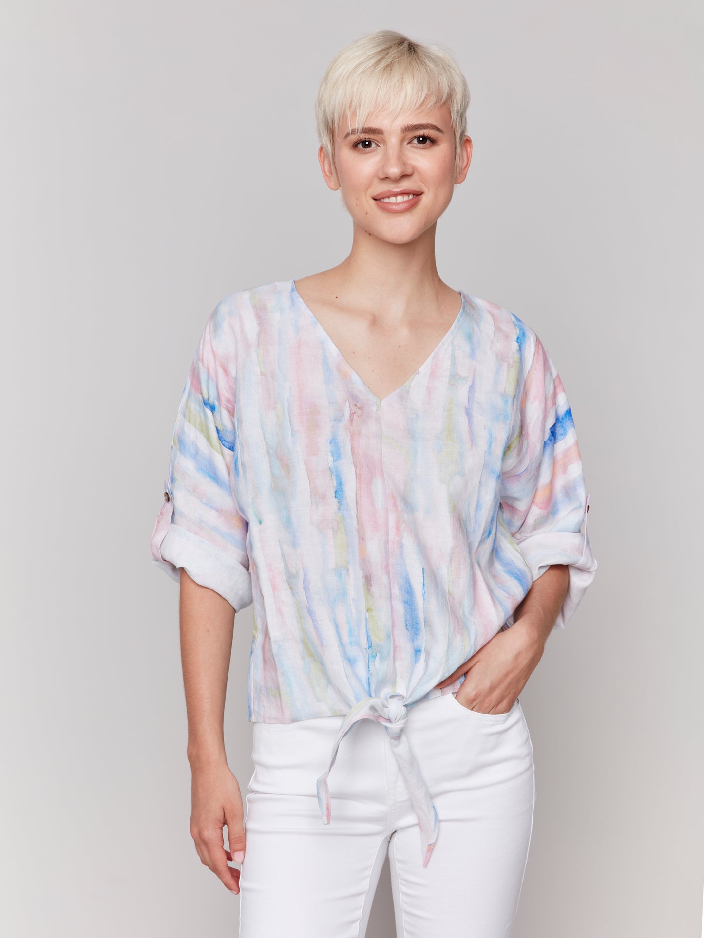 Printed 3/4 Sleeve Top with Front Tie