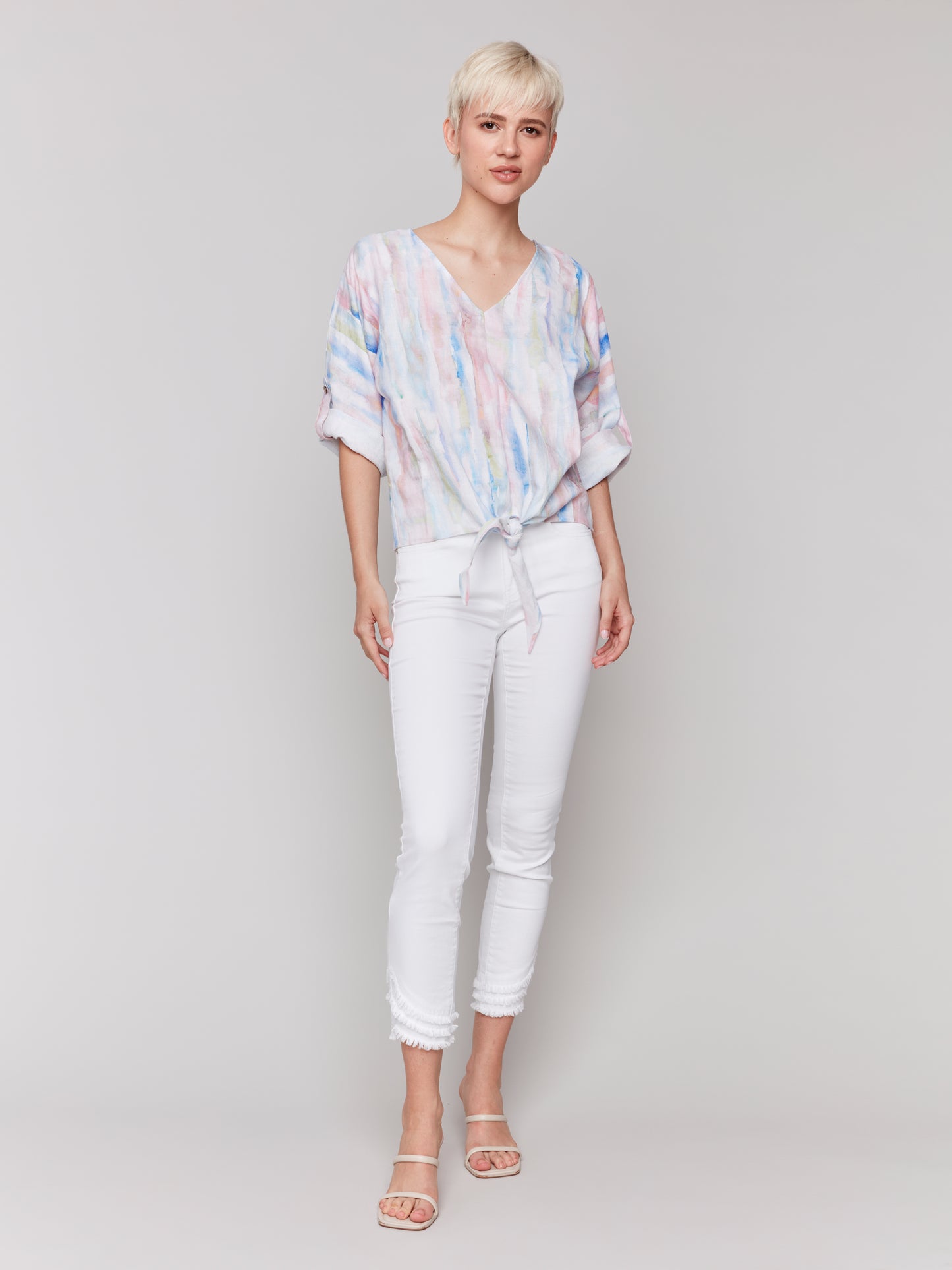 Printed 3/4 Sleeve Top with Front Tie
