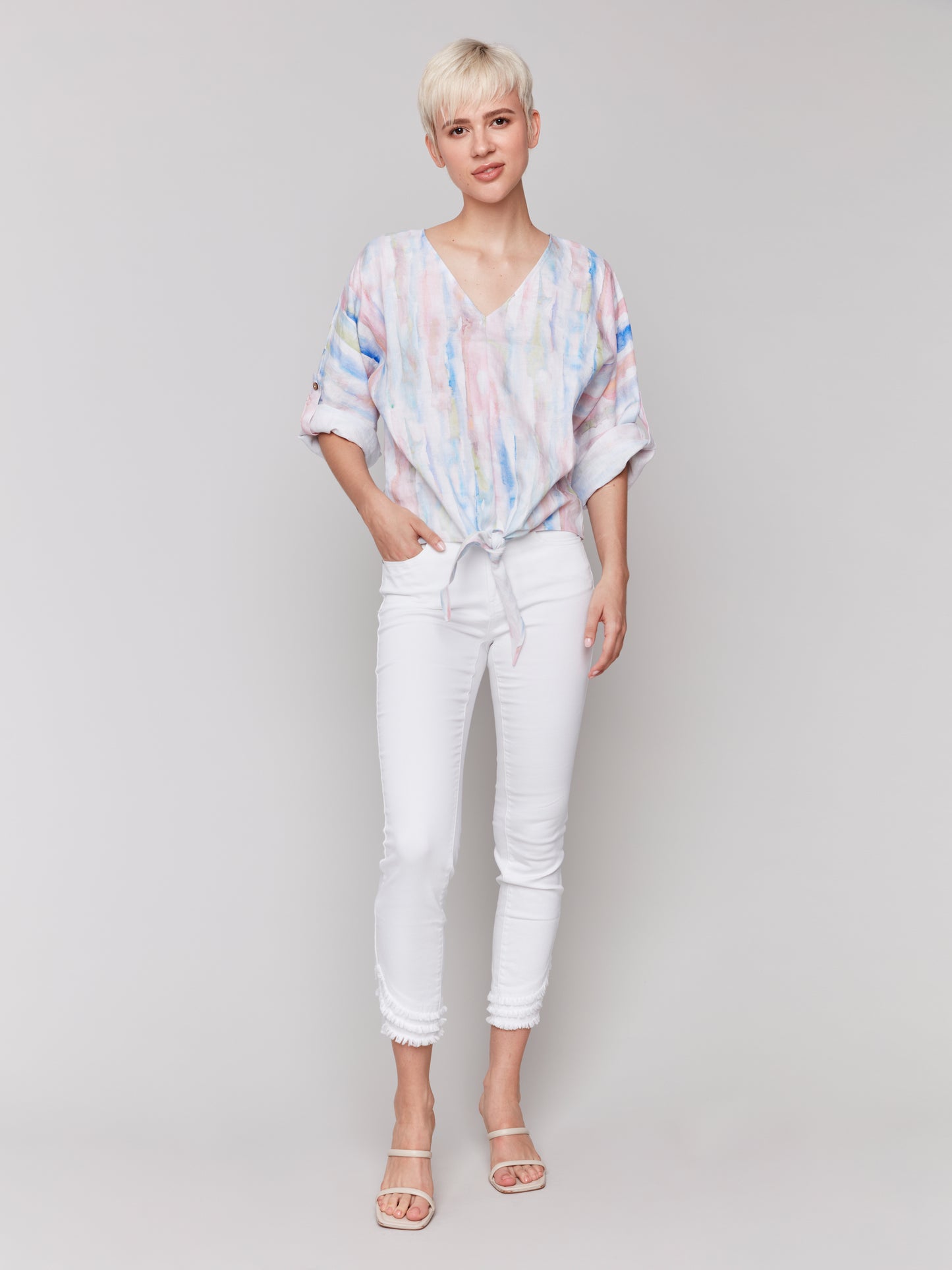 Printed 3/4 Sleeve Top with Front Tie