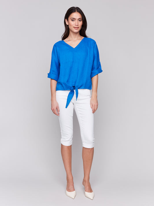 Linen Blend 3/4 Sleeve Top with Front Tie