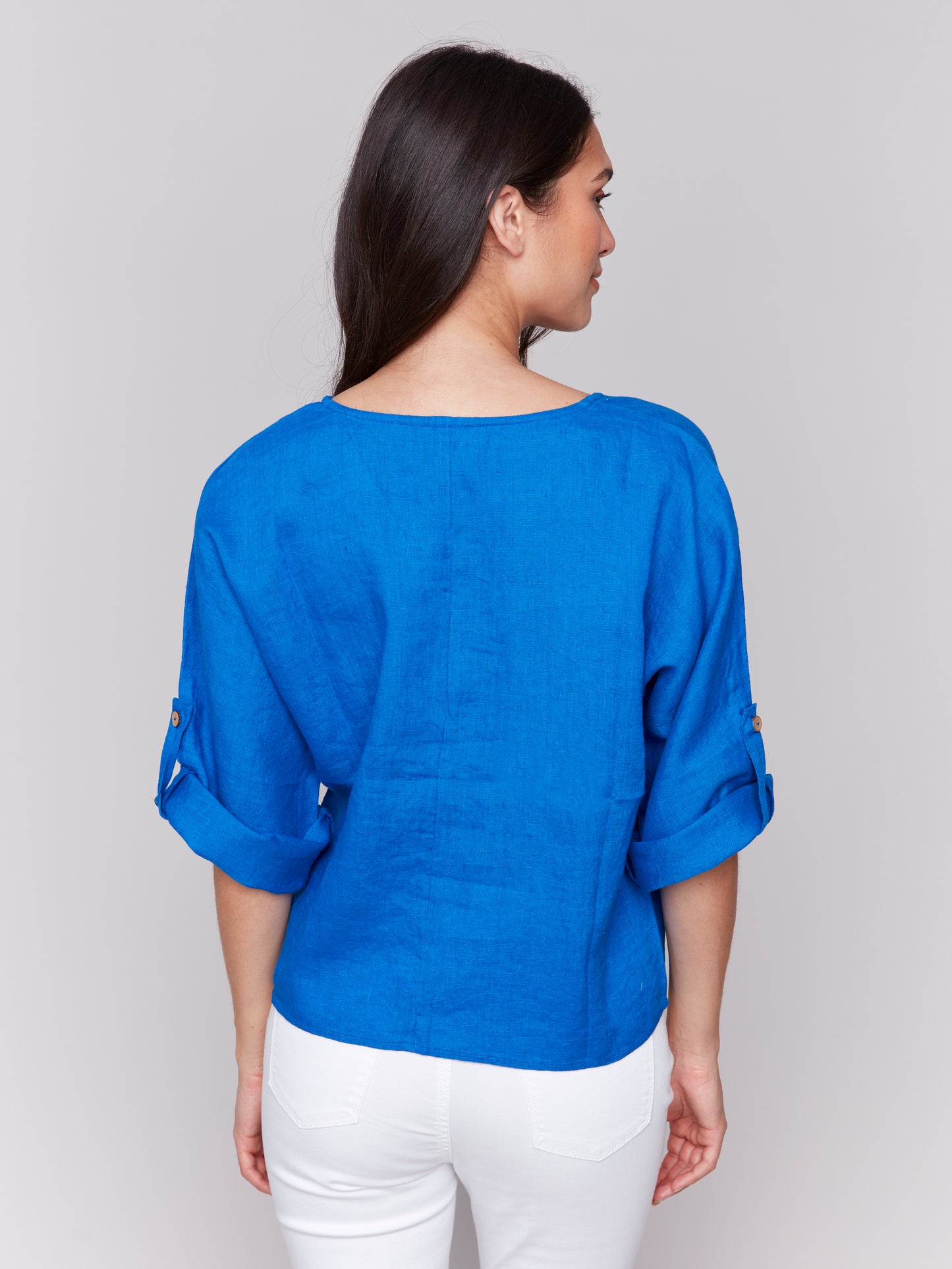 Linen Blend 3/4 Sleeve Top with Front Tie
