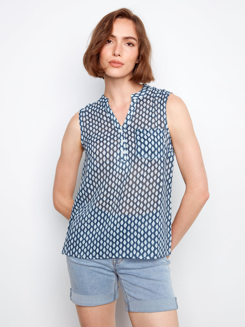 Printed Cotton Gauze Sleeveless Blouse