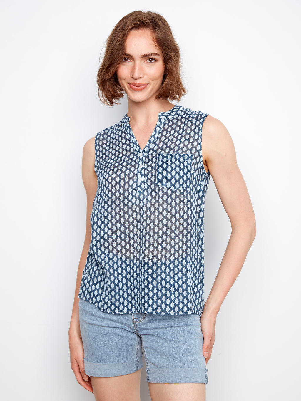 Printed Cotton Gauze Sleeveless Blouse