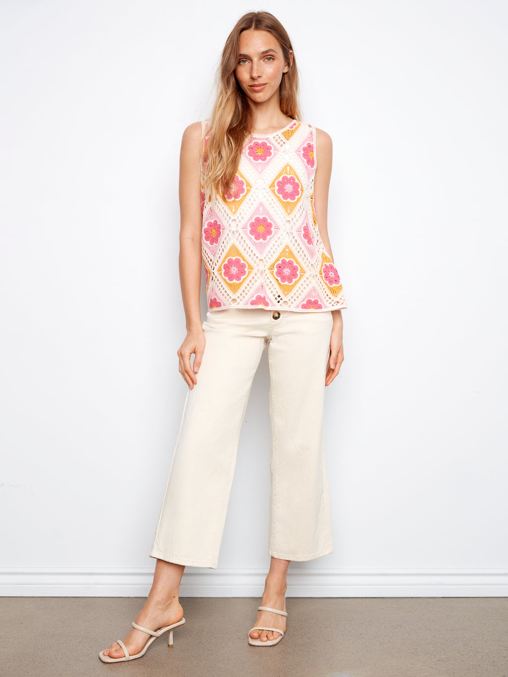 Floral Sleeveless Crochet Cotton Blend Top