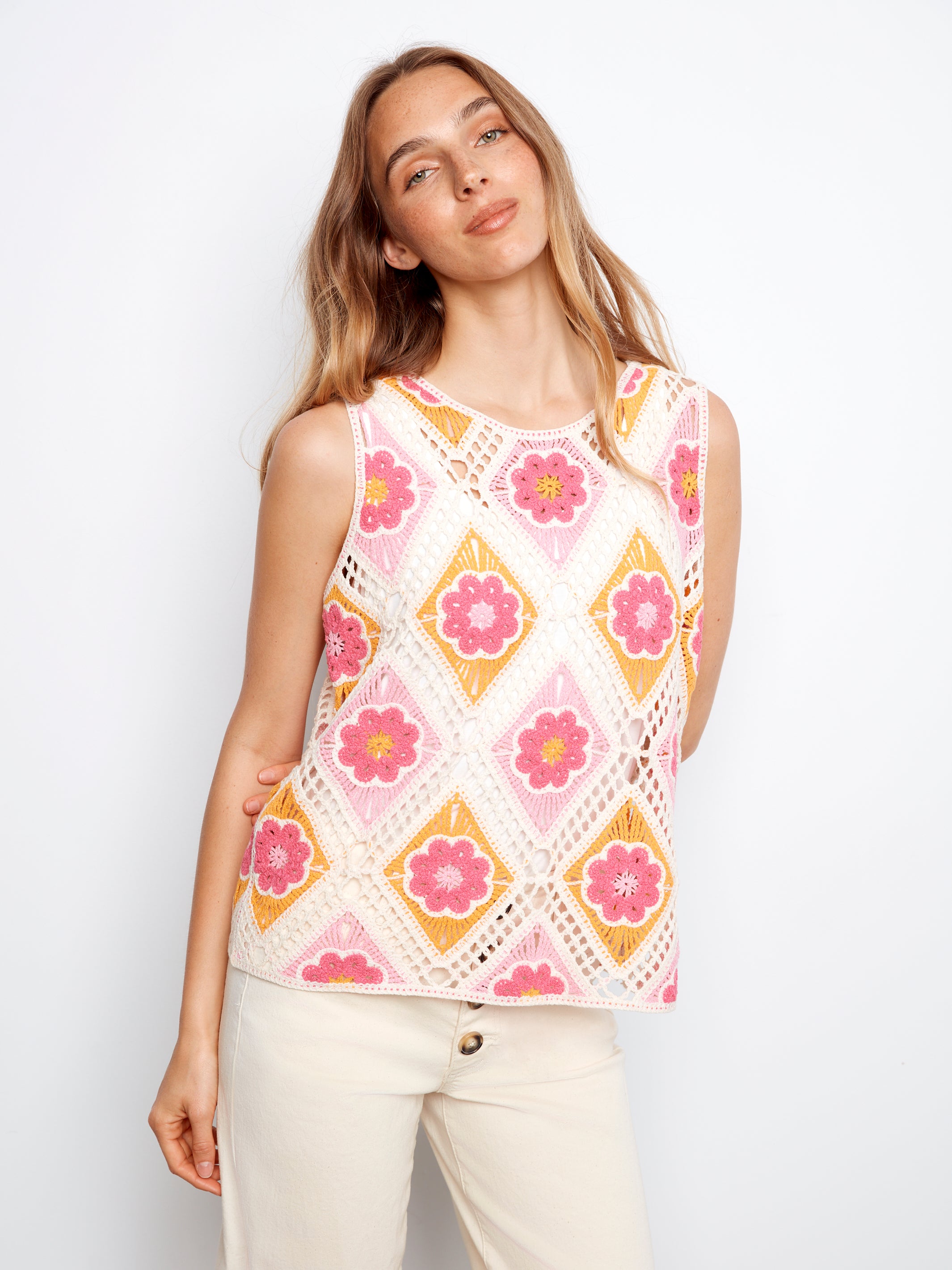 Floral Sleeveless Crochet Cotton Blend Top