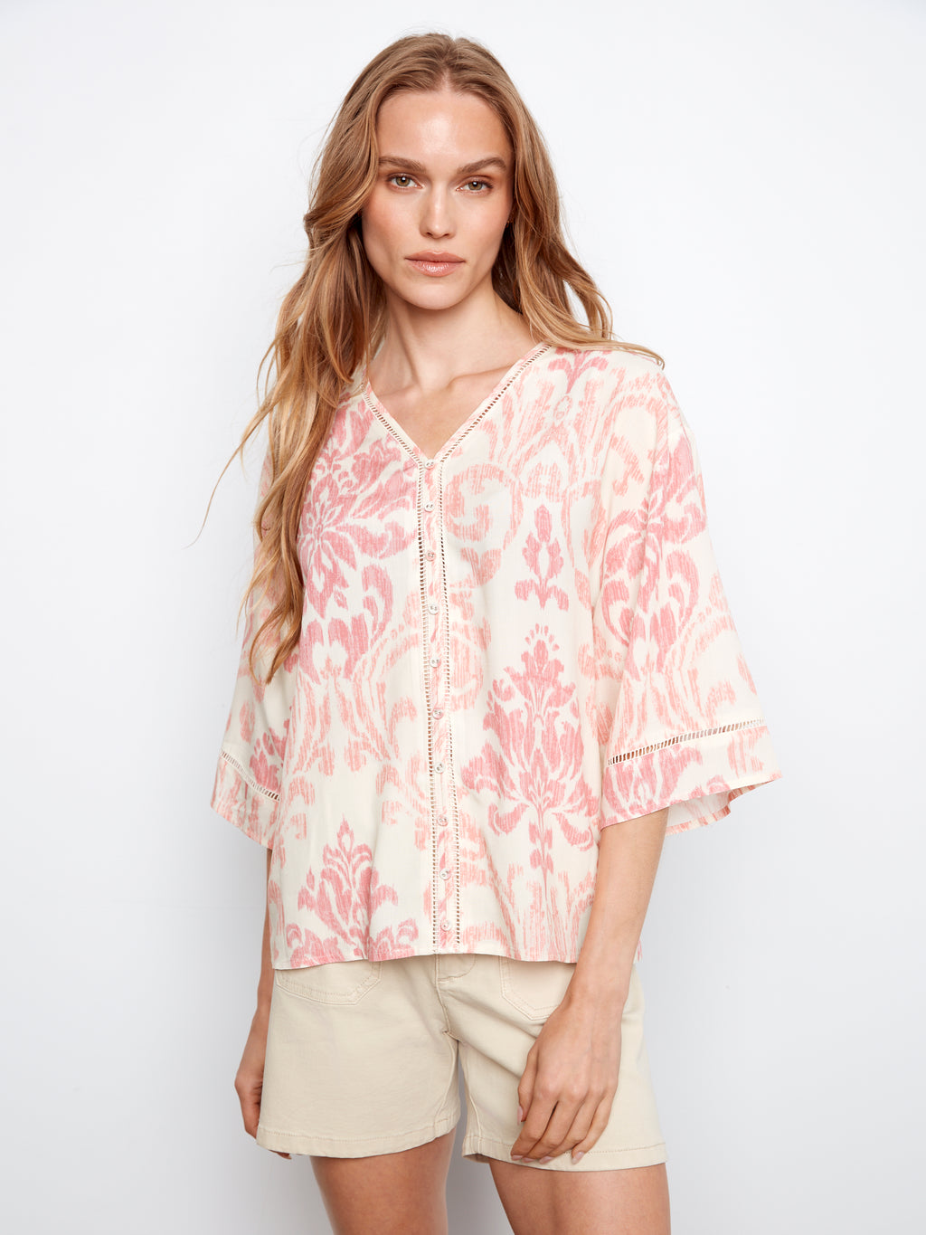 Printed Wide Elbow Sleeve V-Neck Blouse