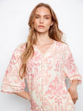 Printed Wide Elbow Sleeve V-Neck Blouse
