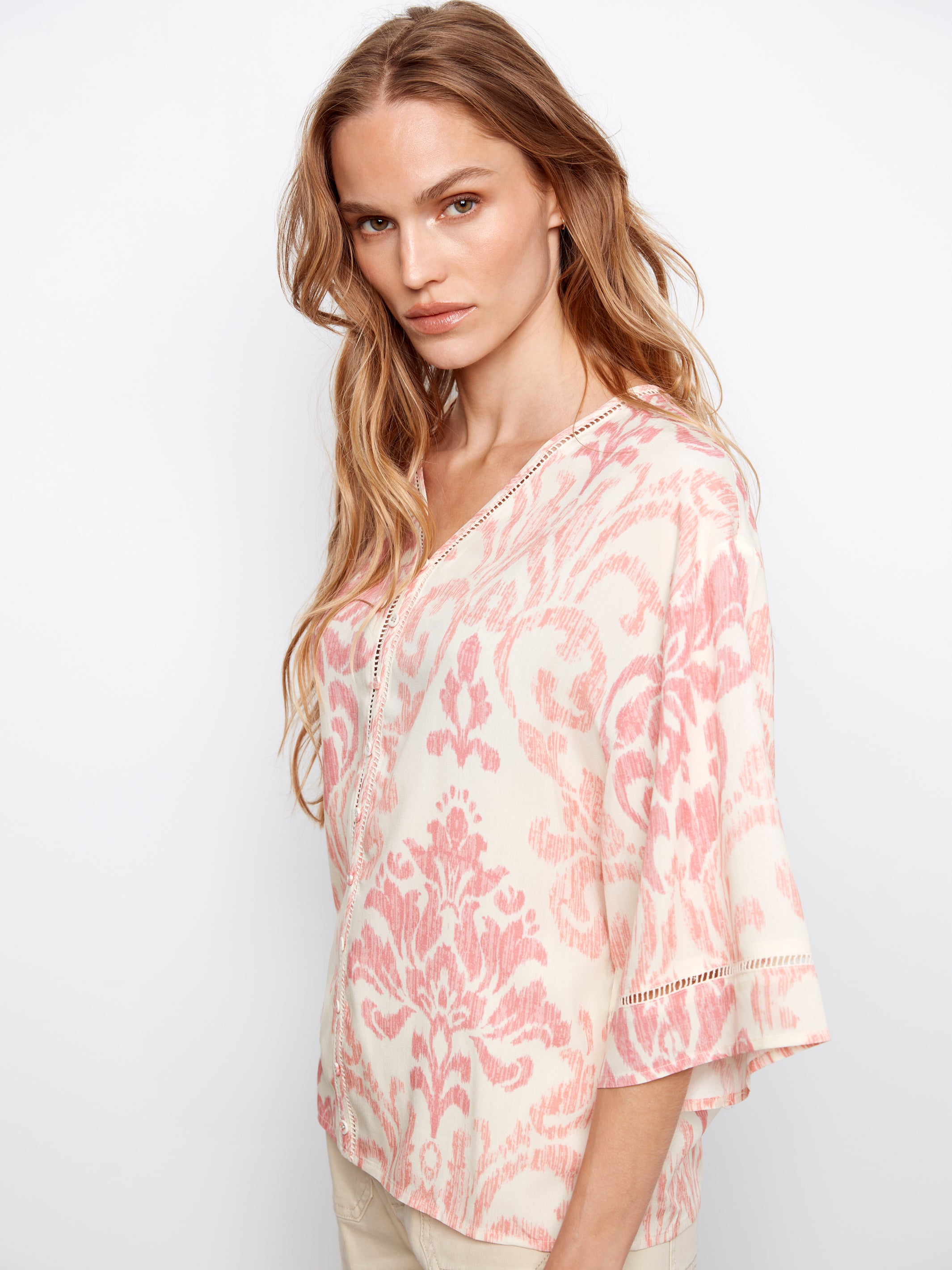 Printed Wide Elbow Sleeve V-Neck Blouse