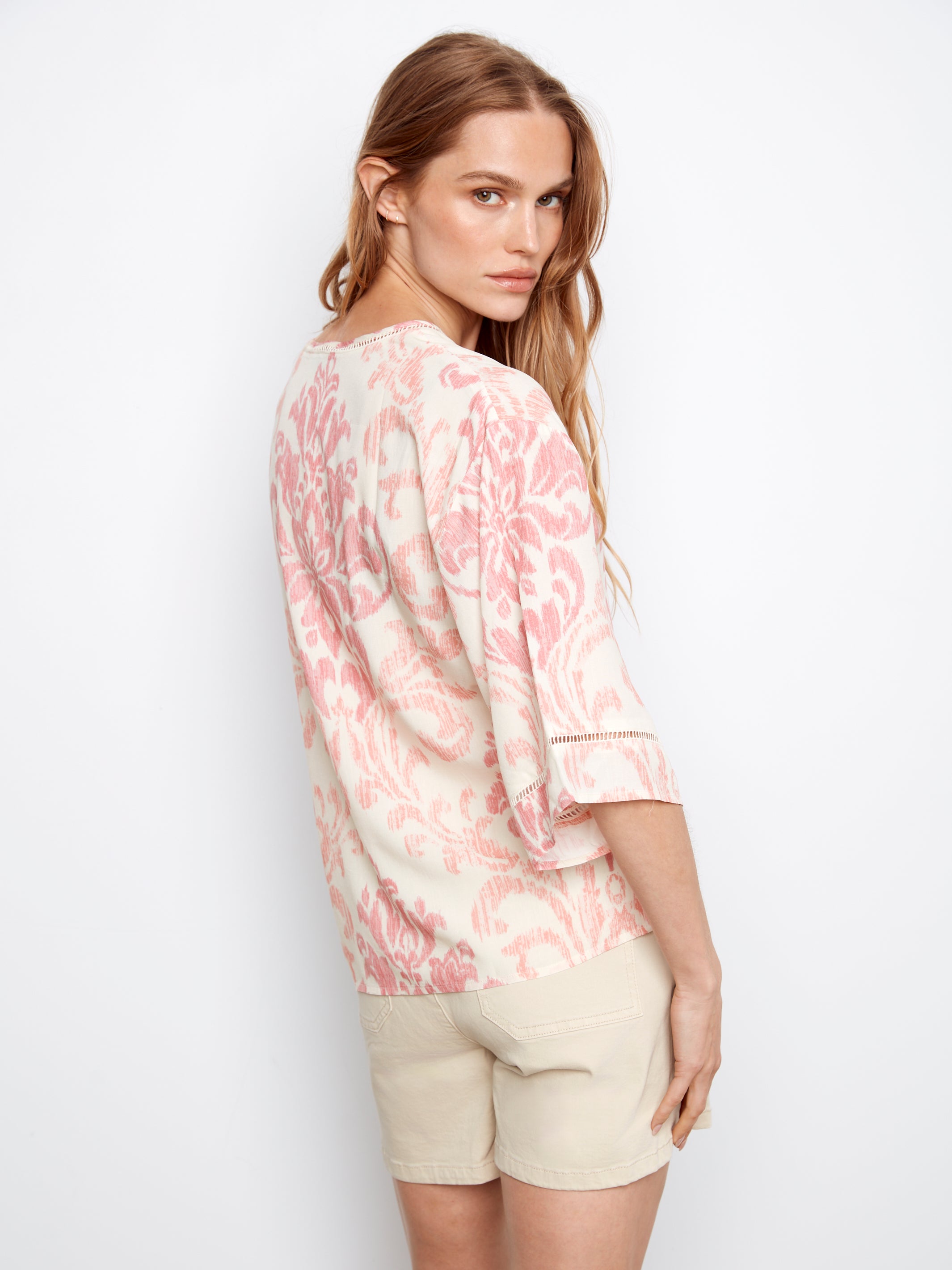 Printed Wide Elbow Sleeve V-Neck Blouse