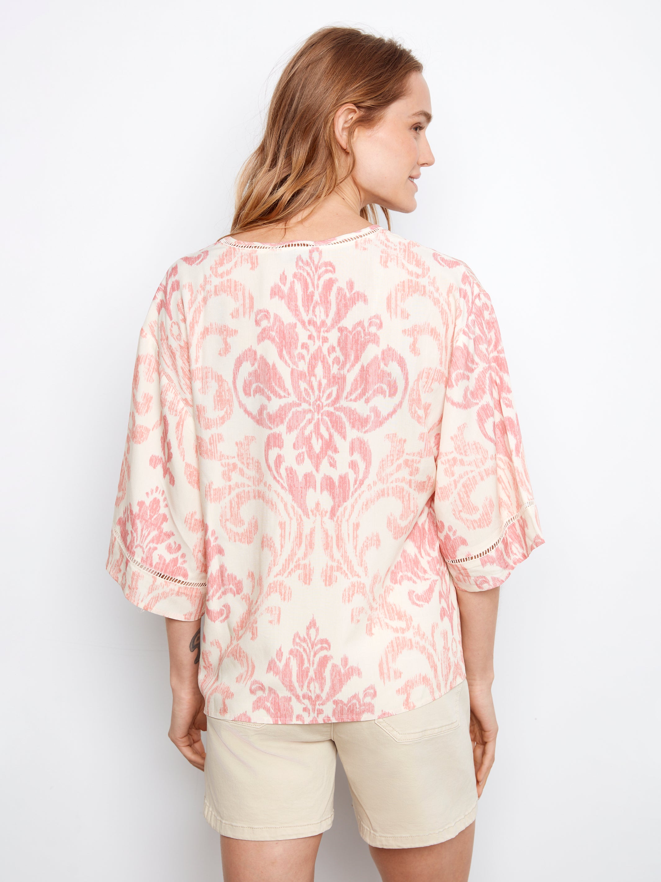 Printed Wide Elbow Sleeve V-Neck Blouse