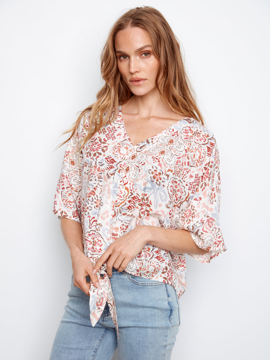Printed Popover Blouse with Front Tie