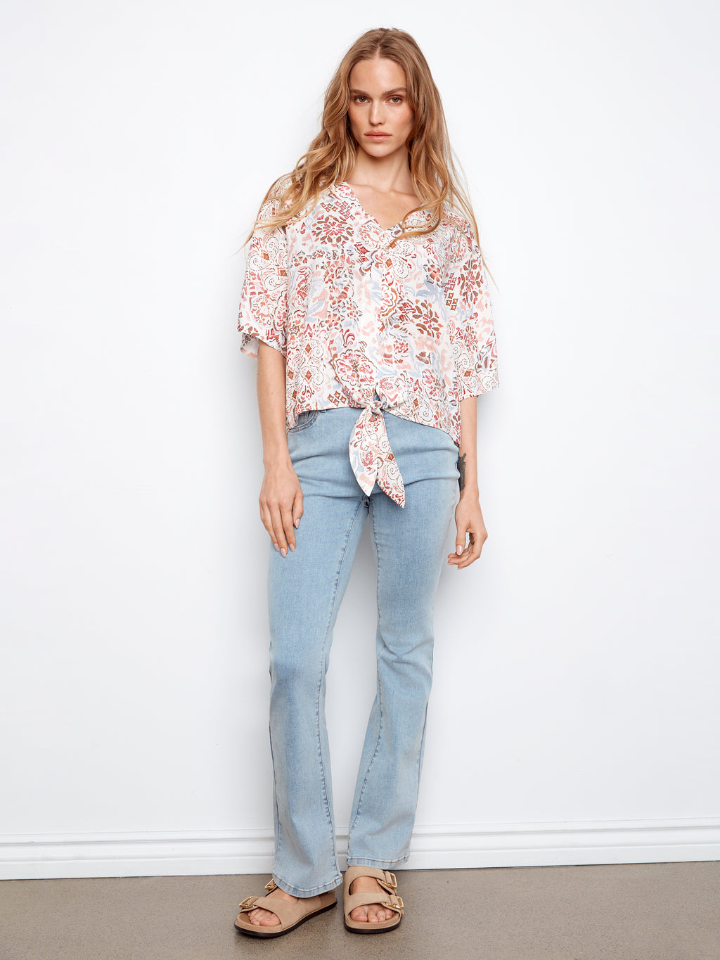 Printed Popover Blouse with Front Tie