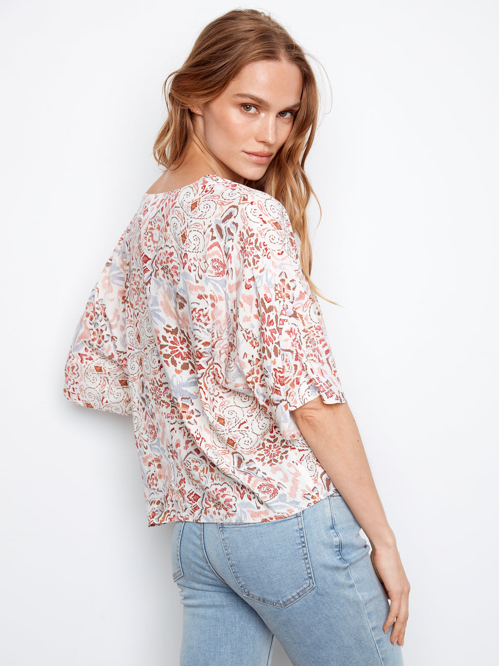Printed Popover Blouse with Front Tie