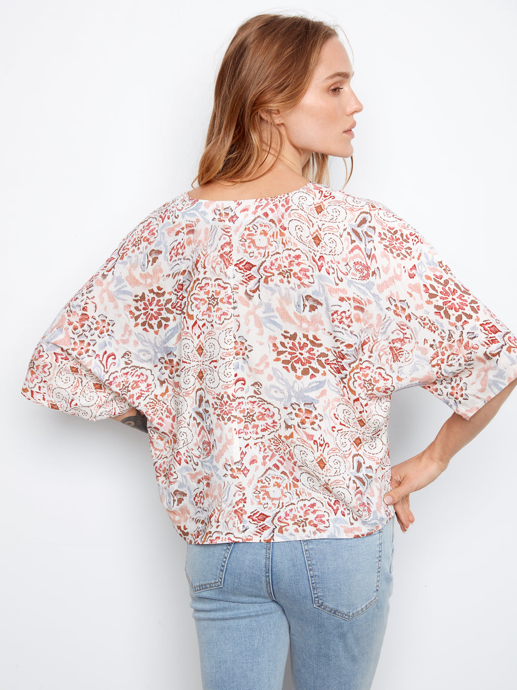 Printed Popover Blouse with Front Tie