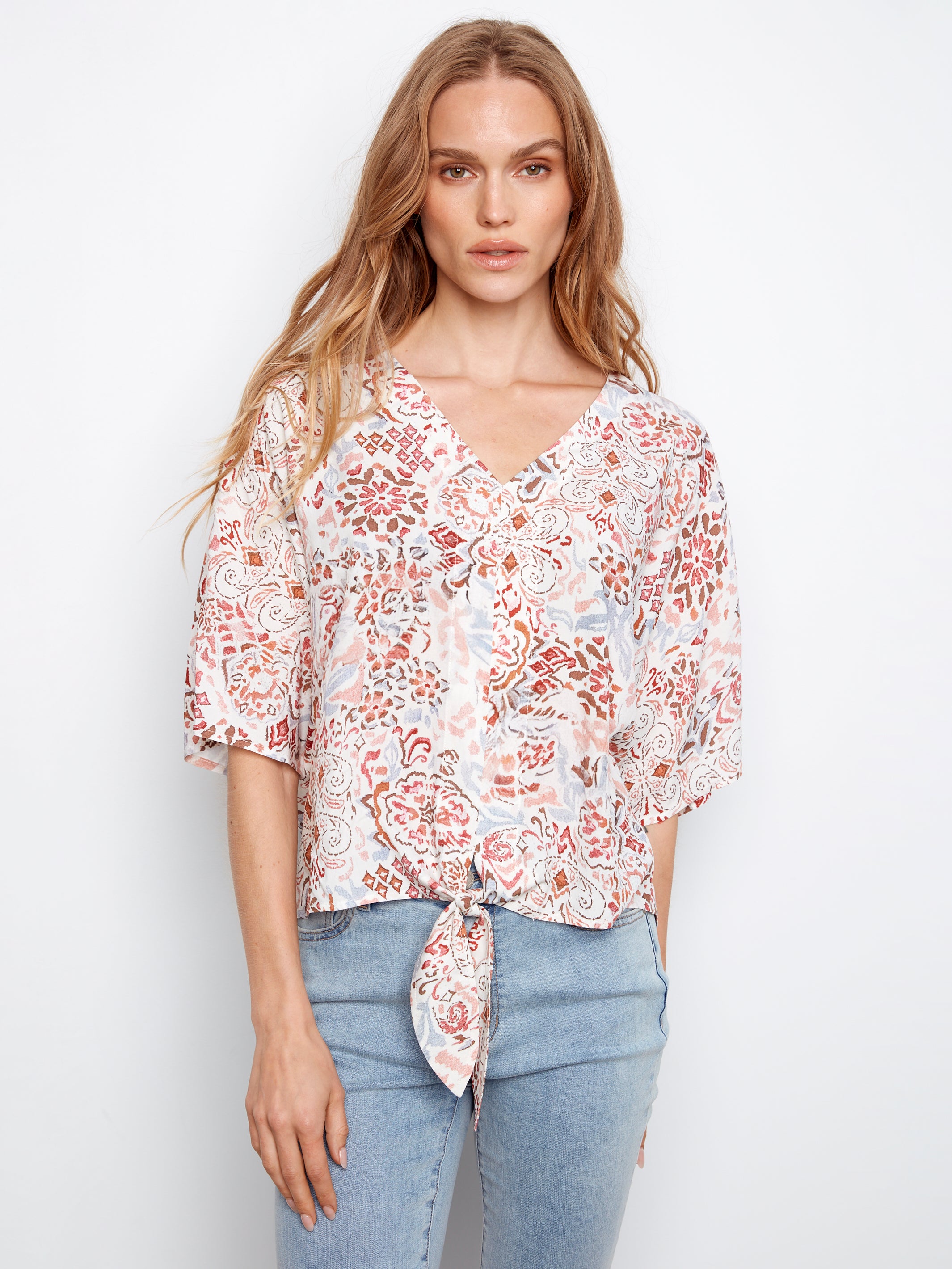 Printed Popover Blouse with Front Tie