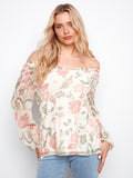 Printed Raglan Balloon Sleeve Off Shoulder Blouse