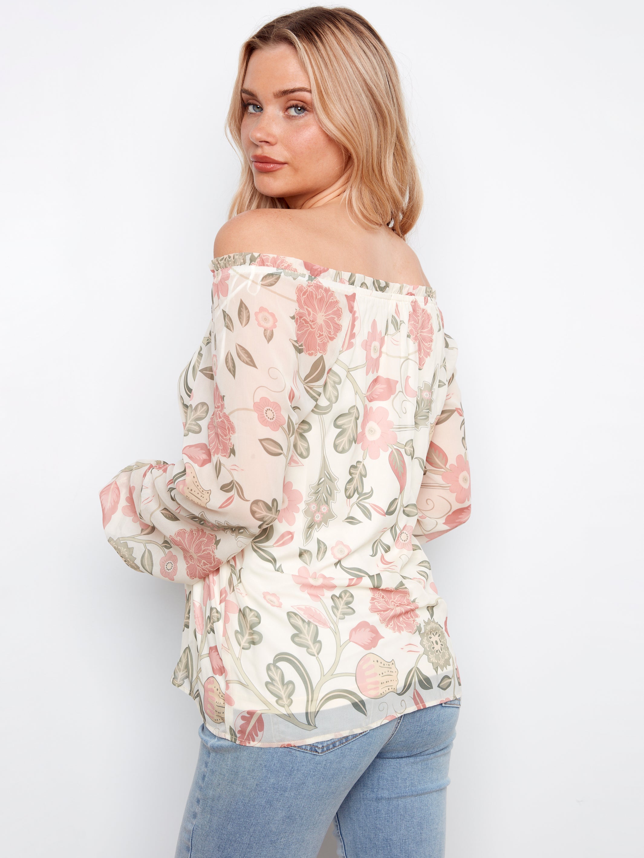 Printed Raglan Balloon Sleeve Off Shoulder Blouse
