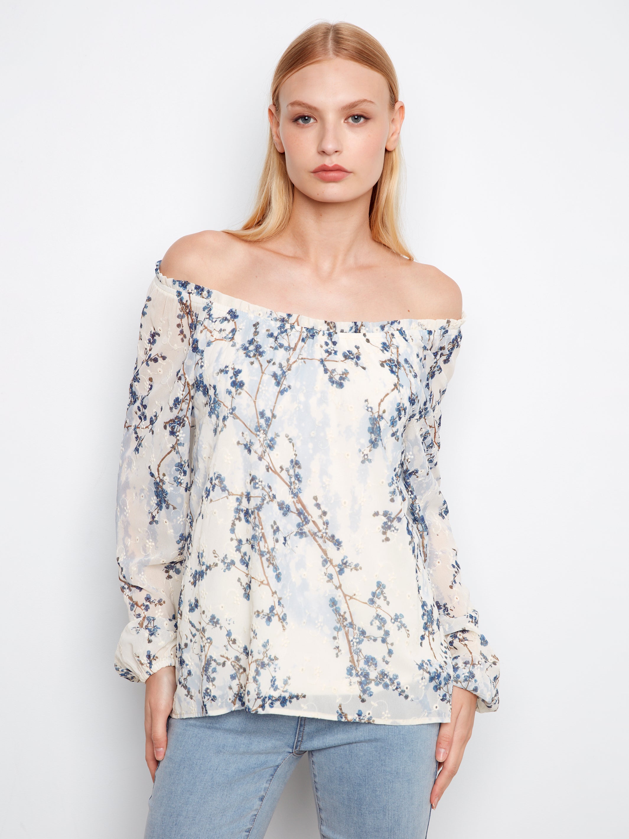 Printed Eyelet Raglan Balloon Sleeve Off Shoulder Blouse