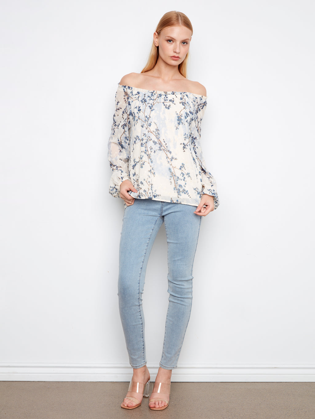 Printed Eyelet Raglan Balloon Sleeve Off Shoulder Blouse