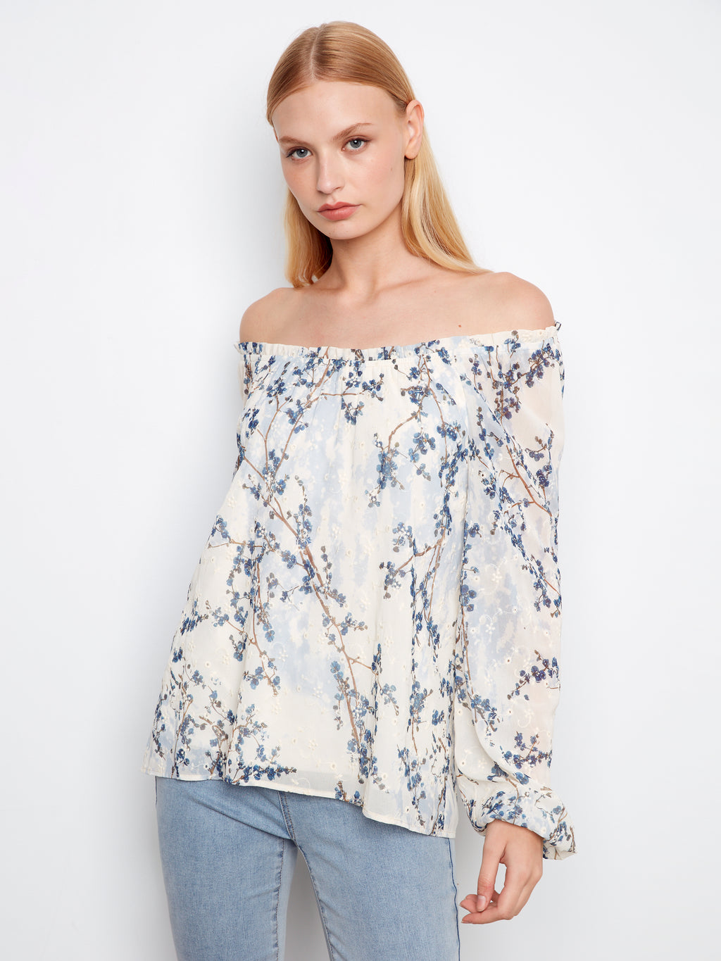 Printed Eyelet Raglan Balloon Sleeve Off Shoulder Blouse