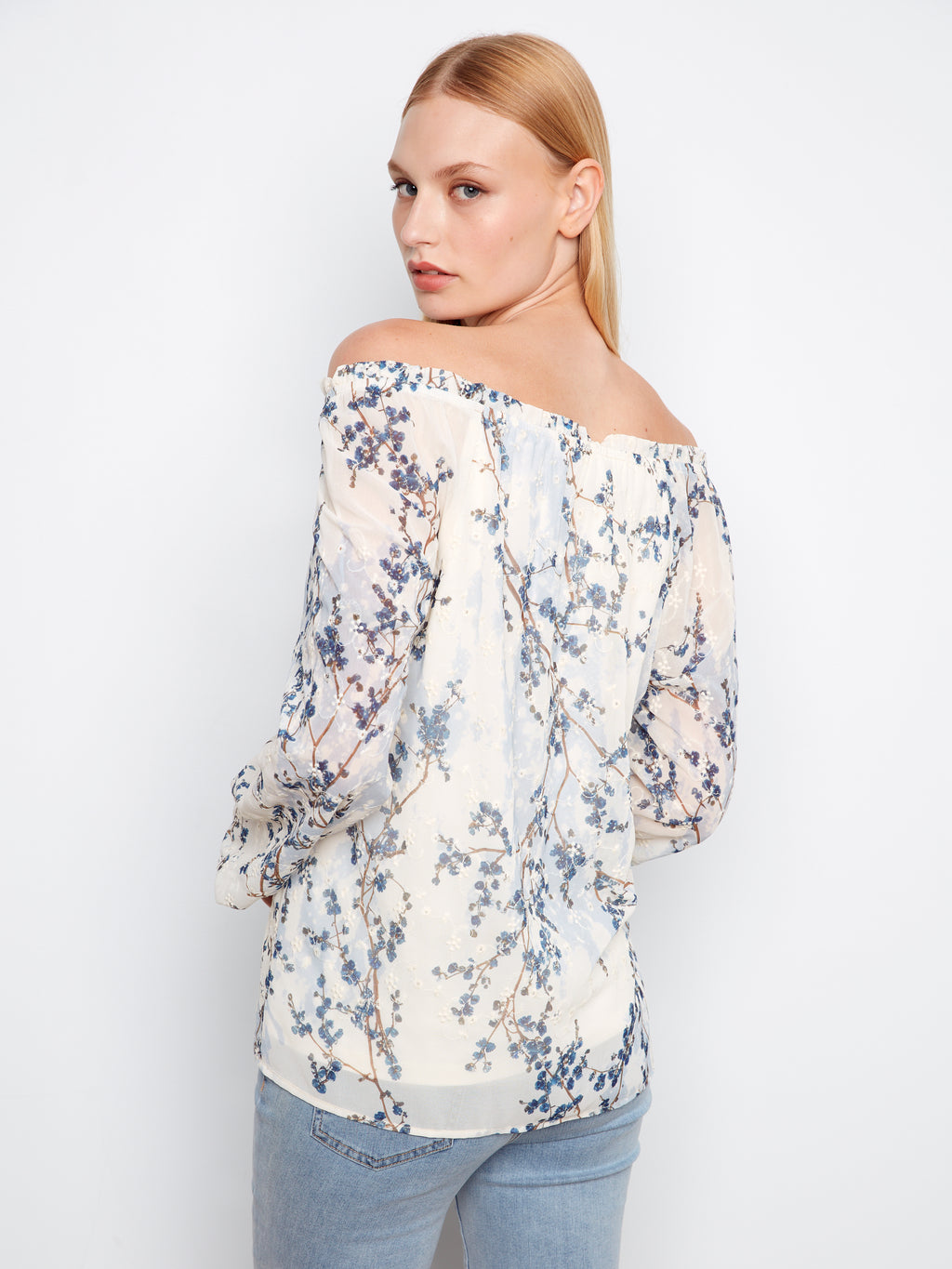 Printed Eyelet Raglan Balloon Sleeve Off Shoulder Blouse