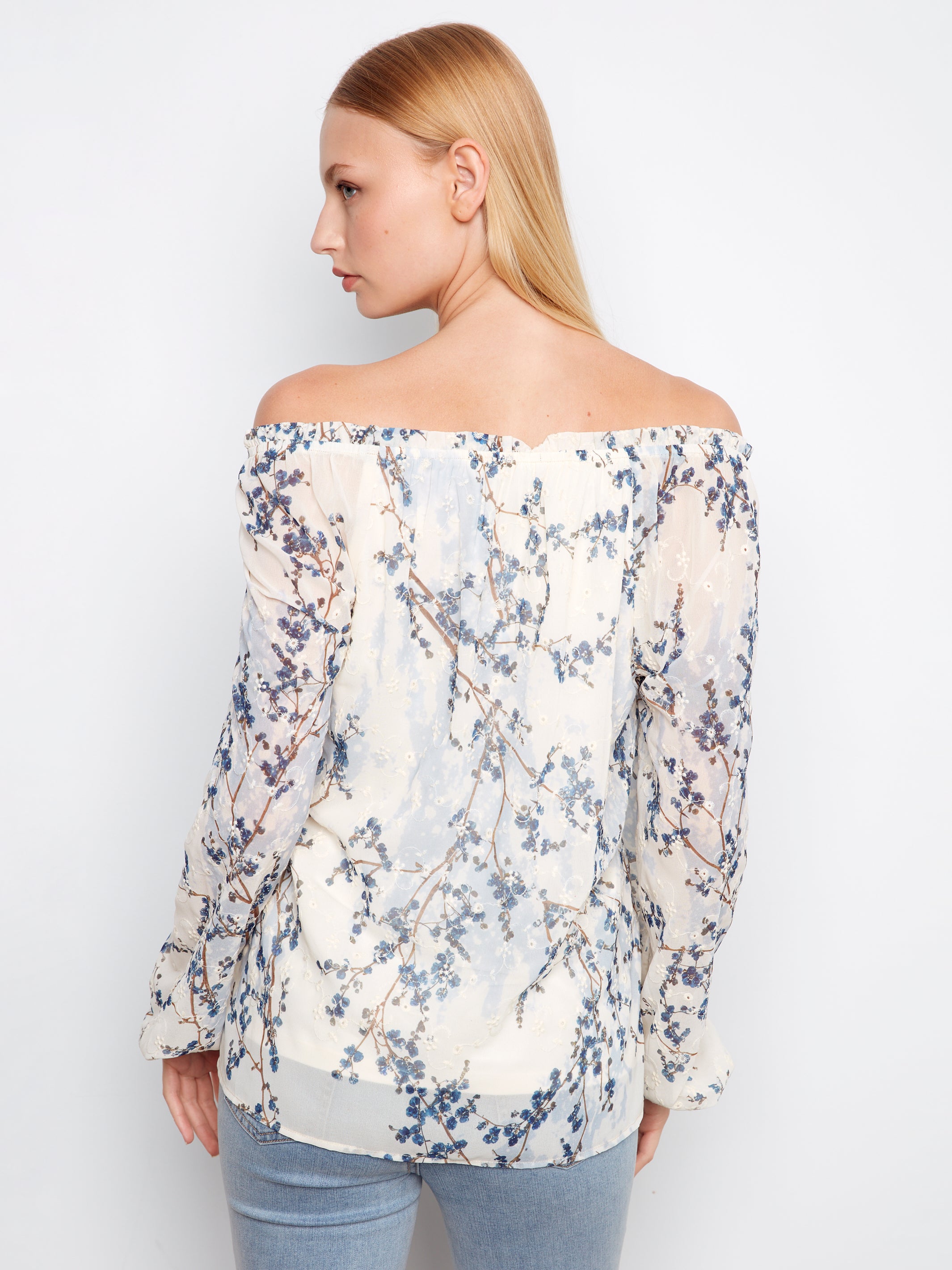 Printed Eyelet Raglan Balloon Sleeve Off Shoulder Blouse