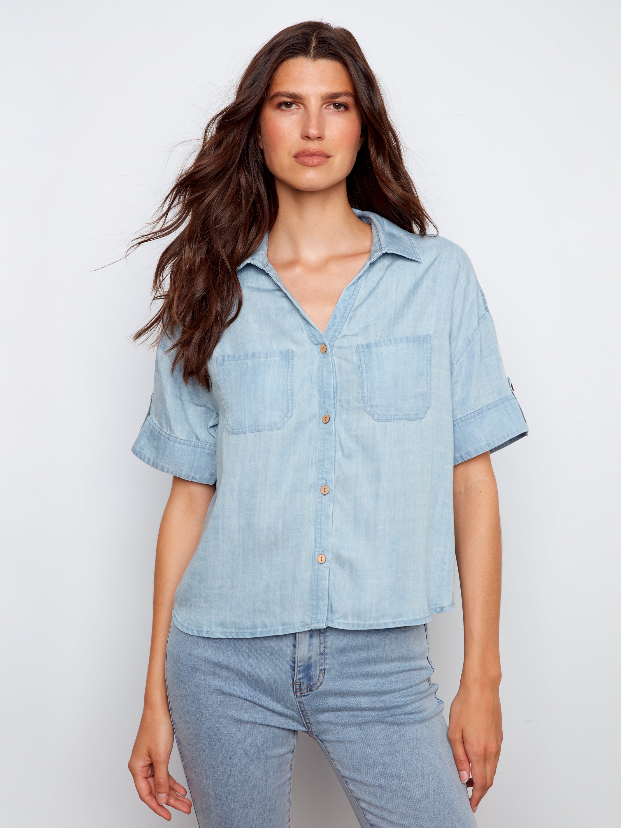 Short Sleeve Button-Front Tencel Shirt