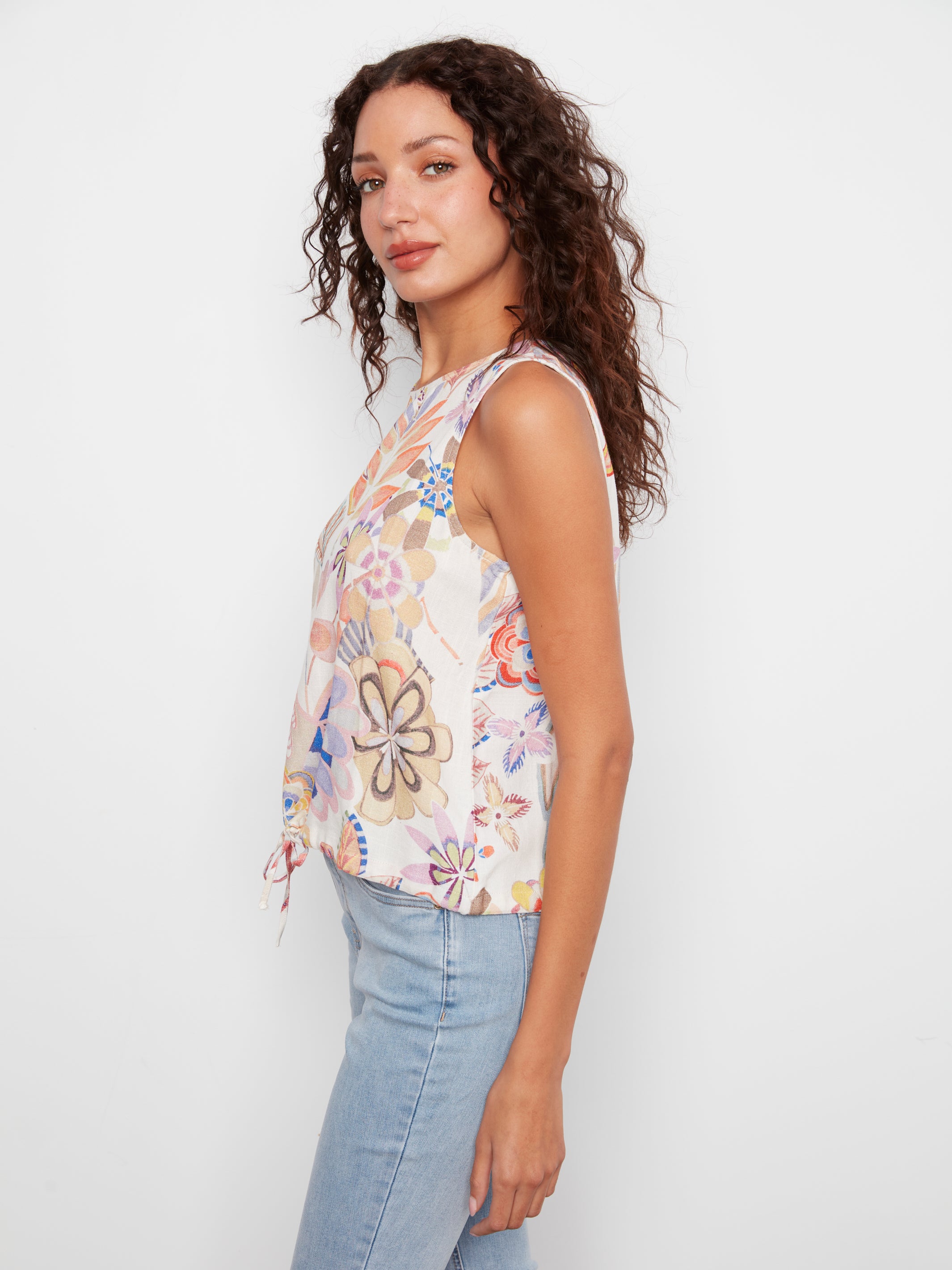 Printed Sleeveless Linen Blend Top with Drawcord