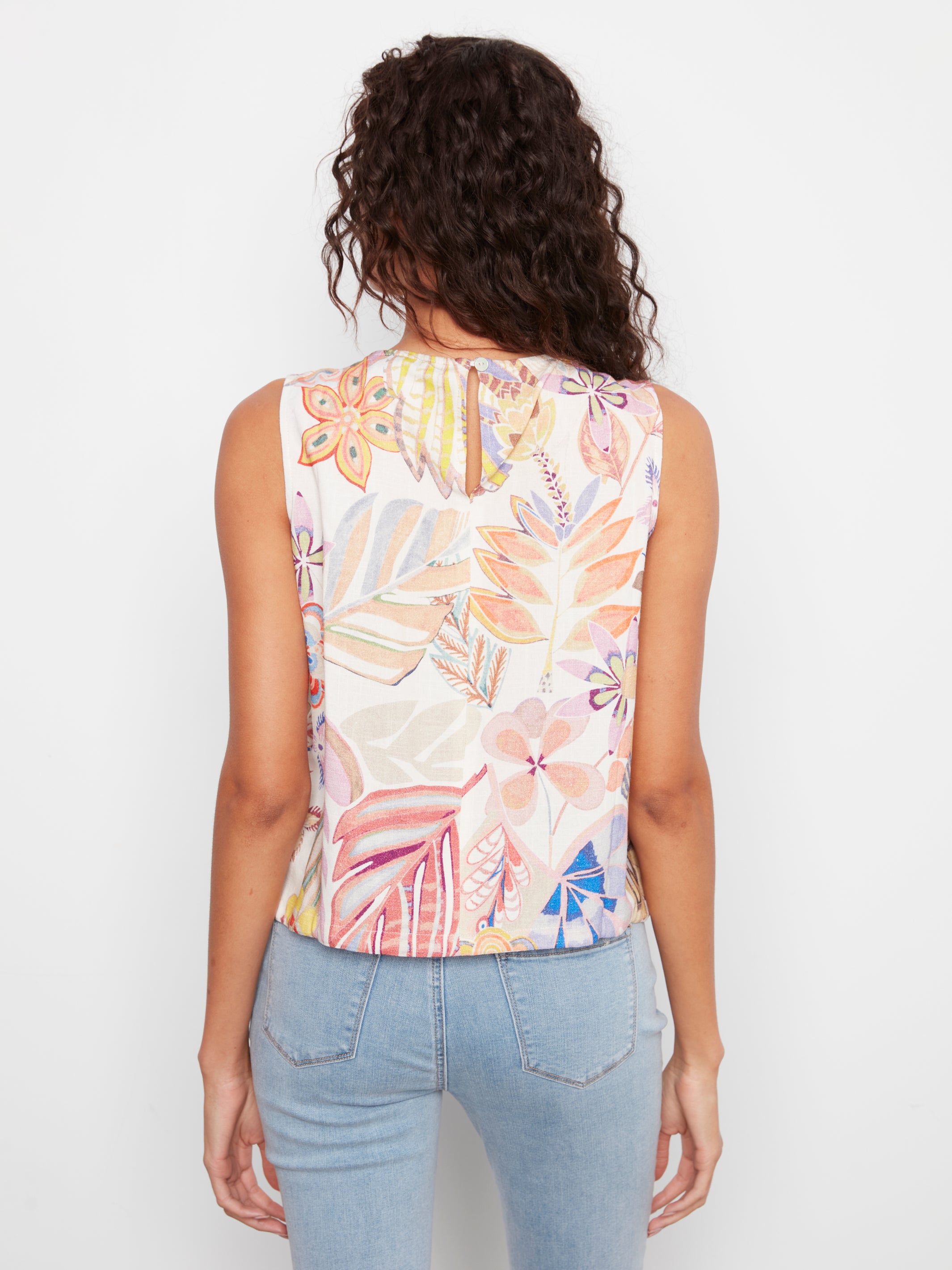 Printed Sleeveless Linen Blend Top with Drawcord