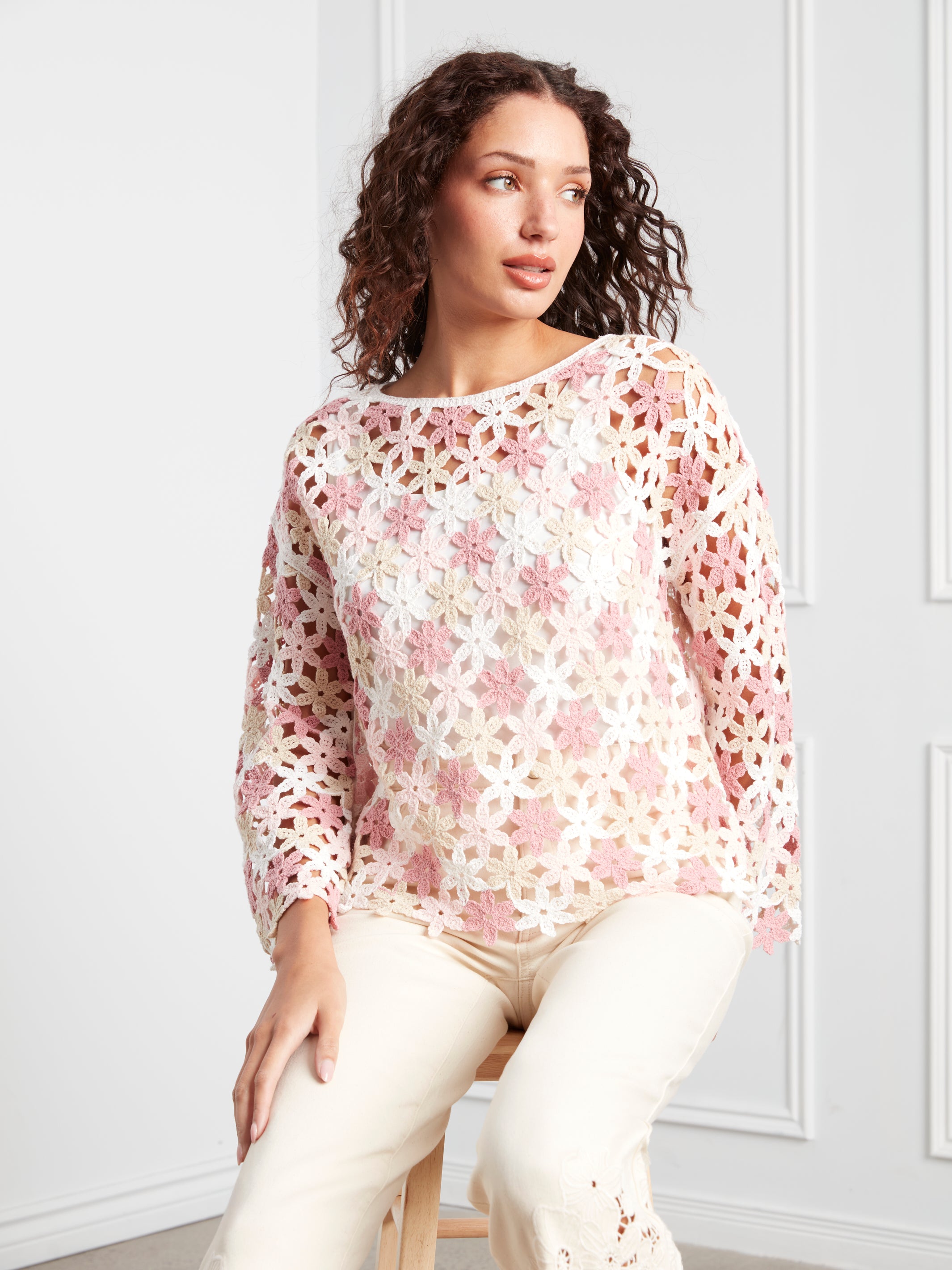 Cotton Blend Crochet Flower Top