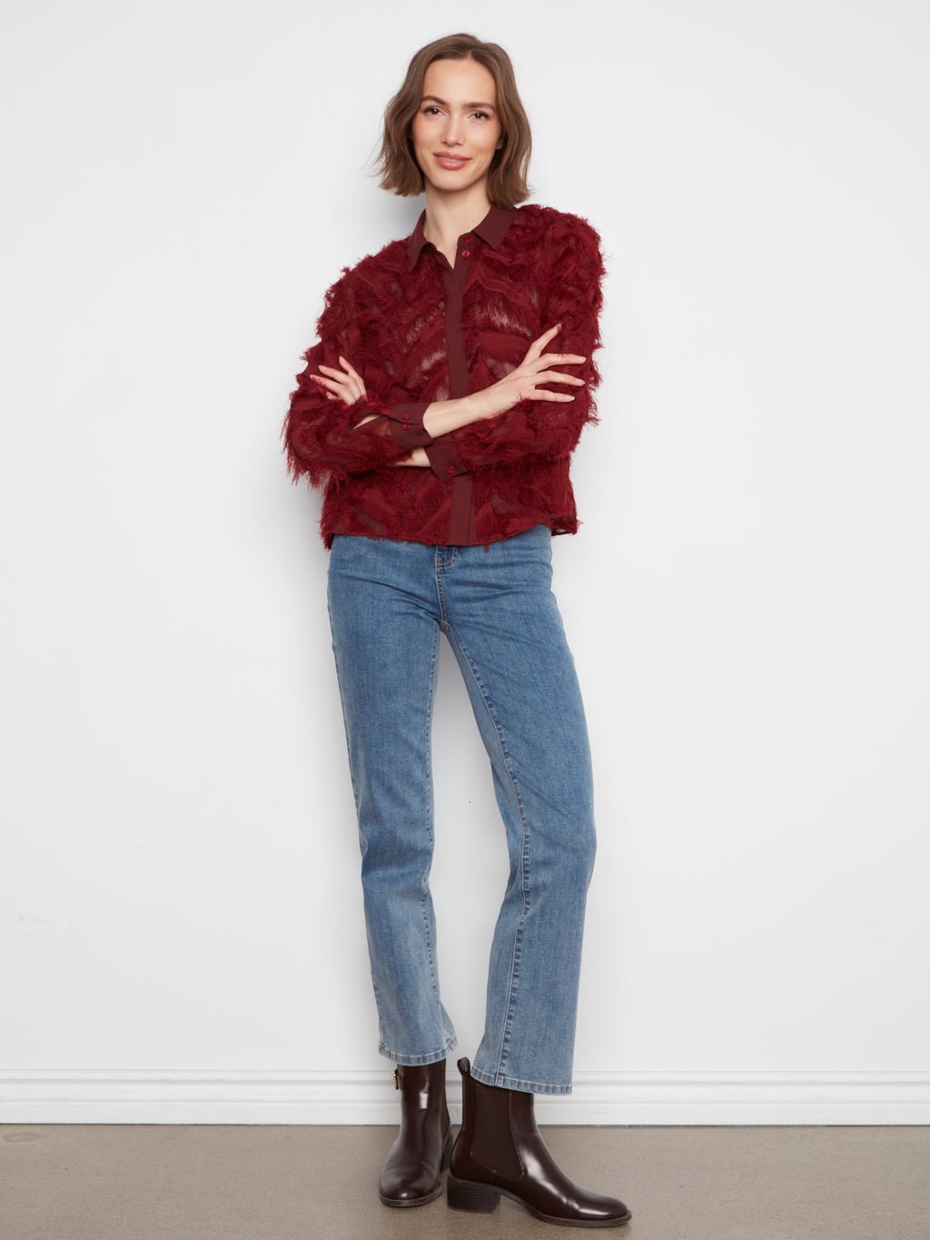 Fringe Chiffon Button-Front Blouse