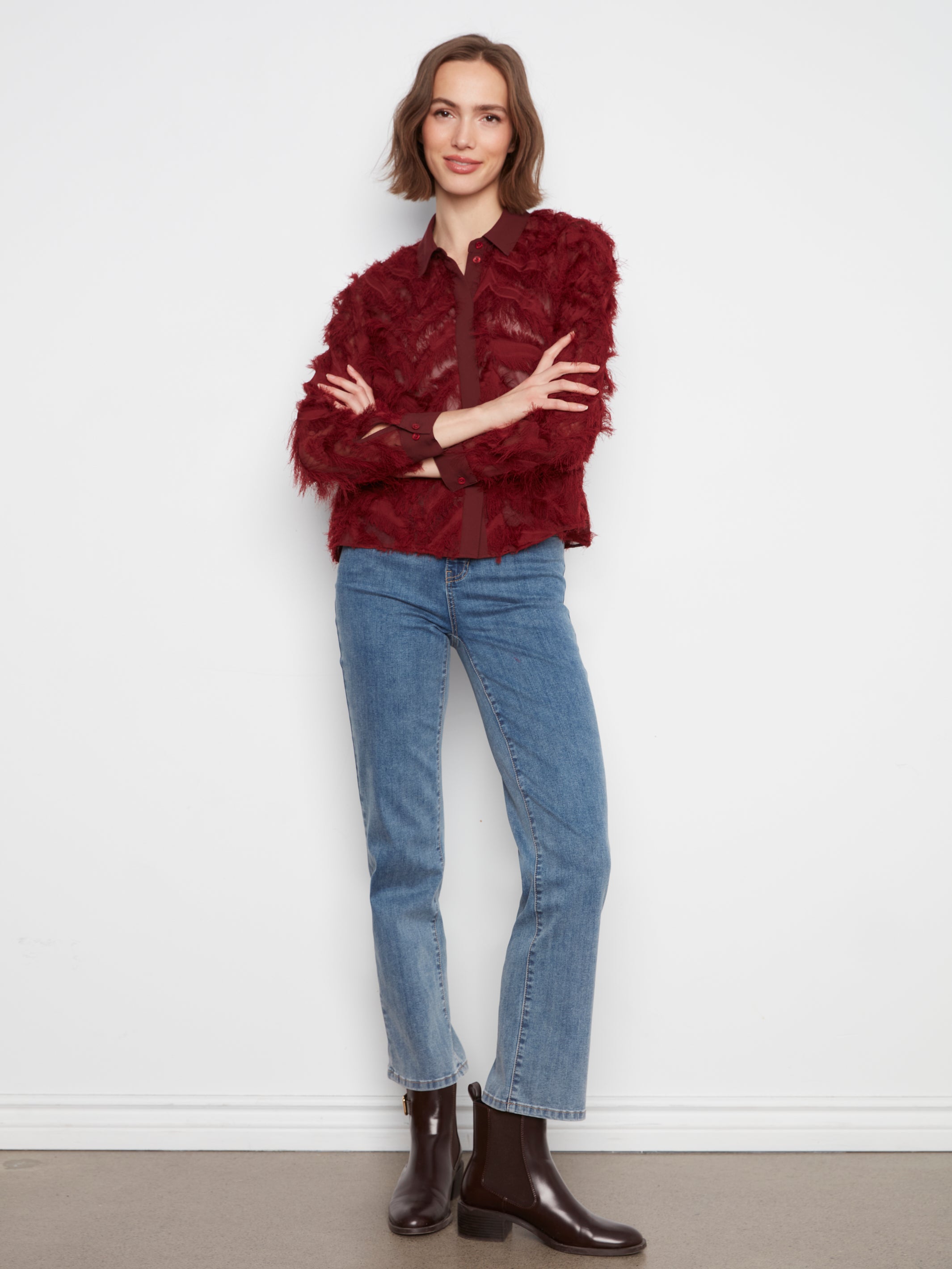 Fringe Chiffon Button-Front Blouse