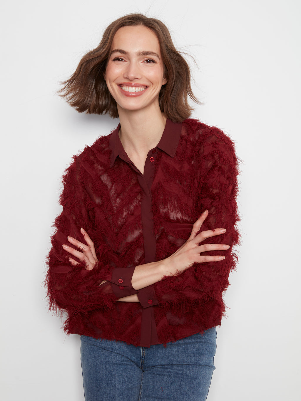 Fringe Chiffon Button-Front Blouse