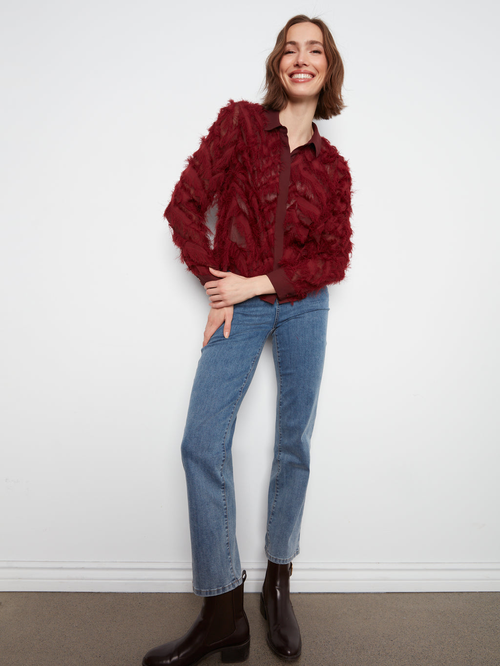 Fringe Chiffon Button-Front Blouse