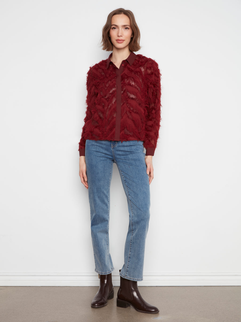 Fringe Chiffon Button-Front Blouse