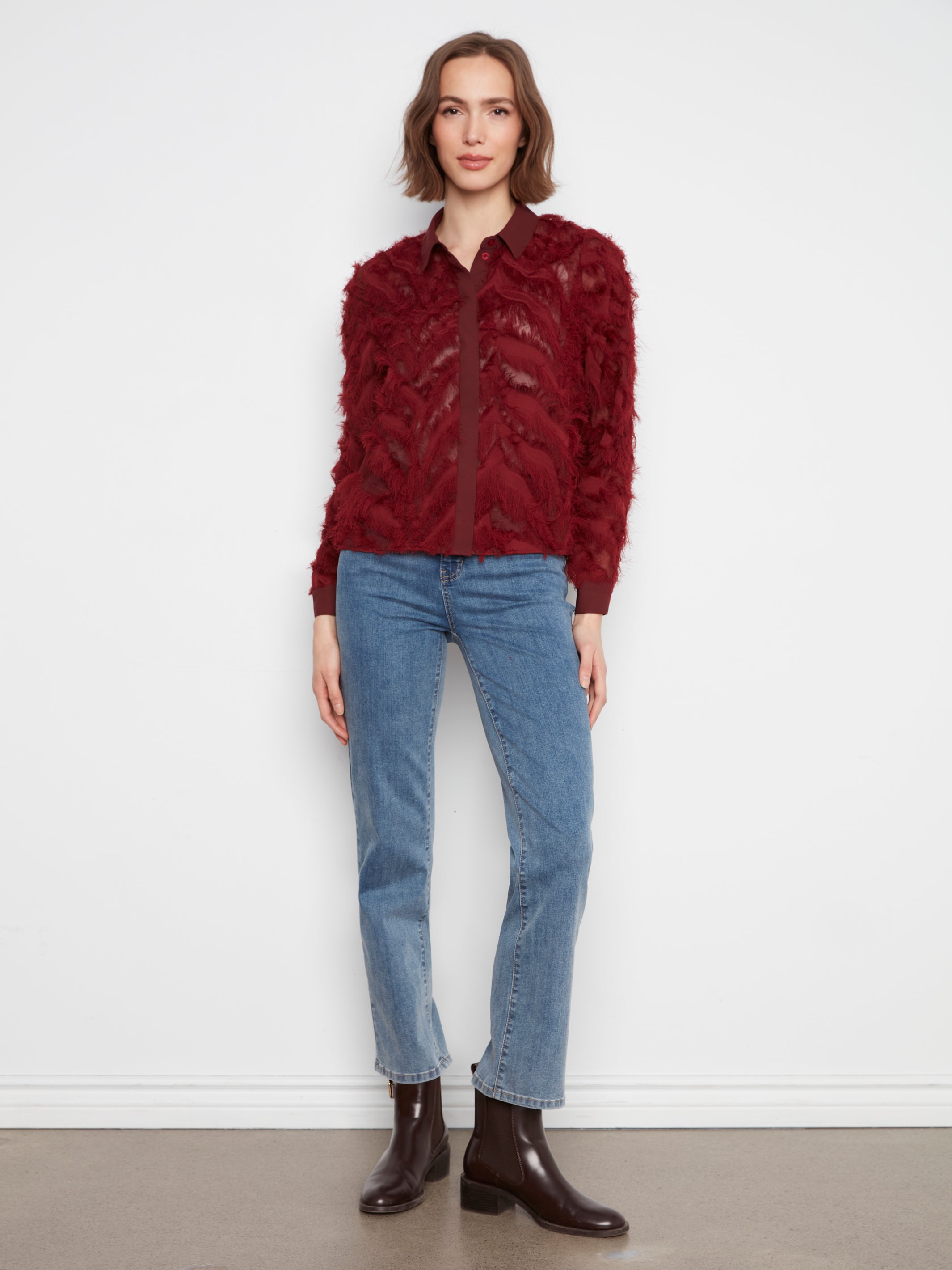 Fringe Chiffon Button-Front Blouse