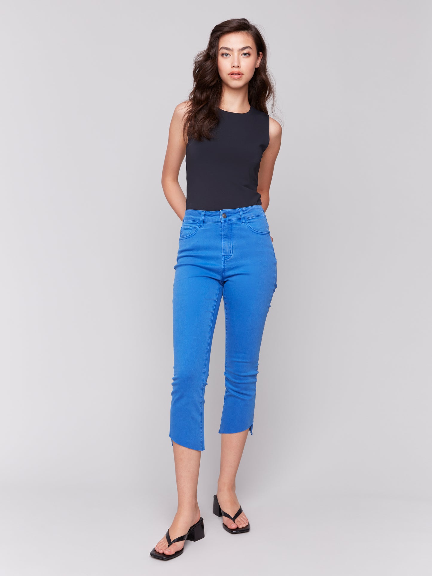 Cropped Twill Pants with Asymmetrical Hem