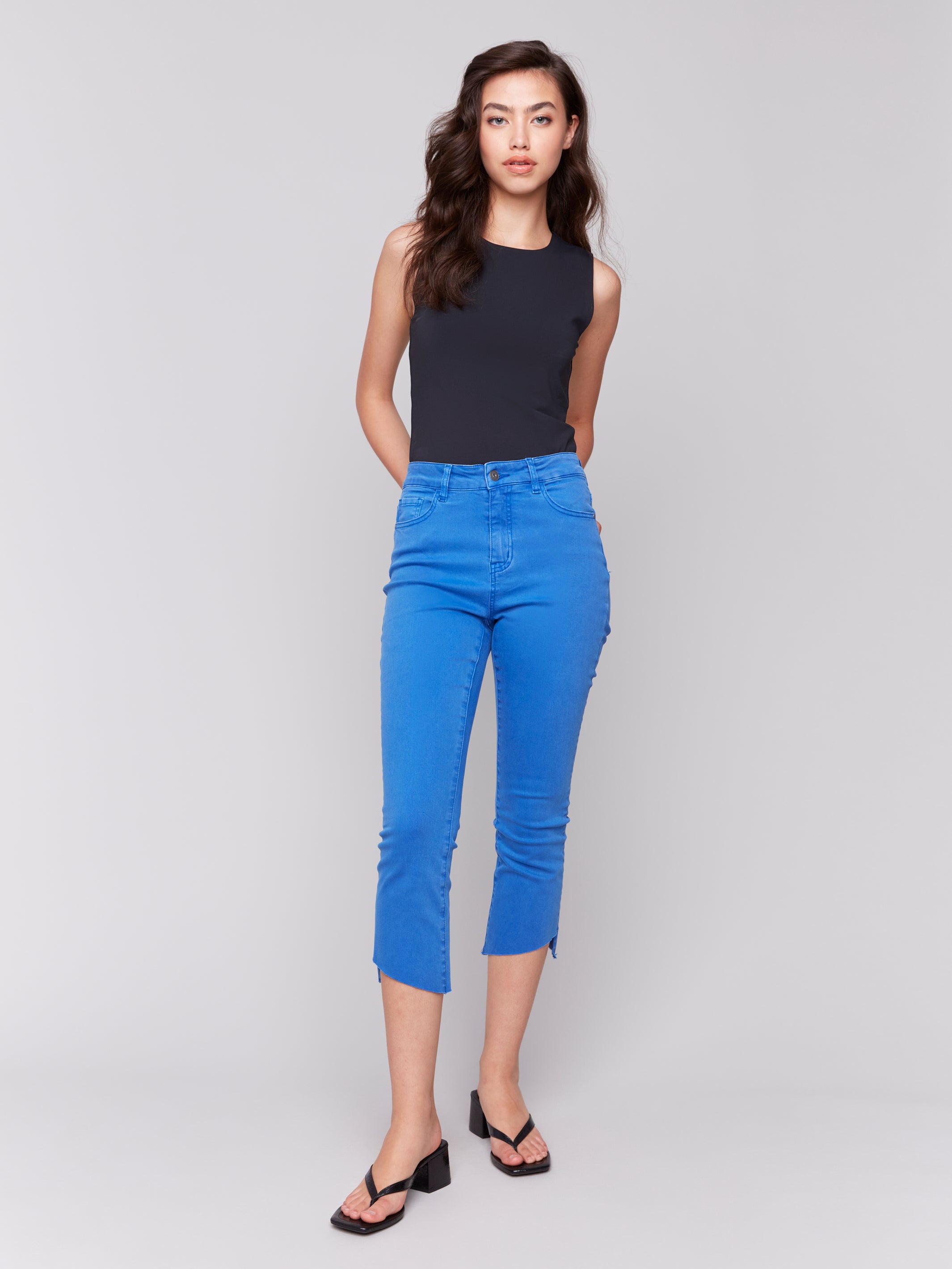 Cropped Twill Pants with Asymmetrical Hem
