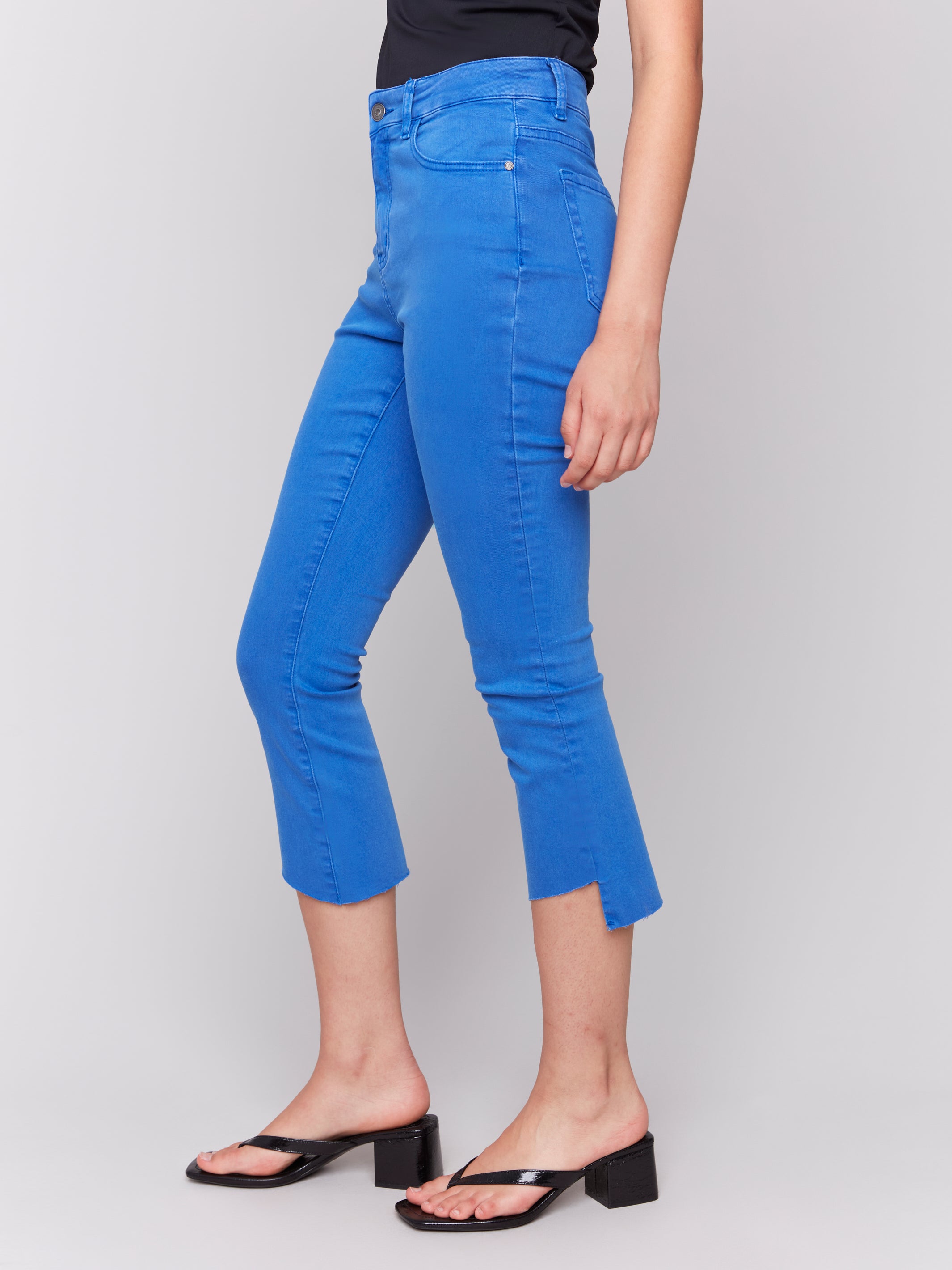 Cropped Twill Pants with Asymmetrical Hem