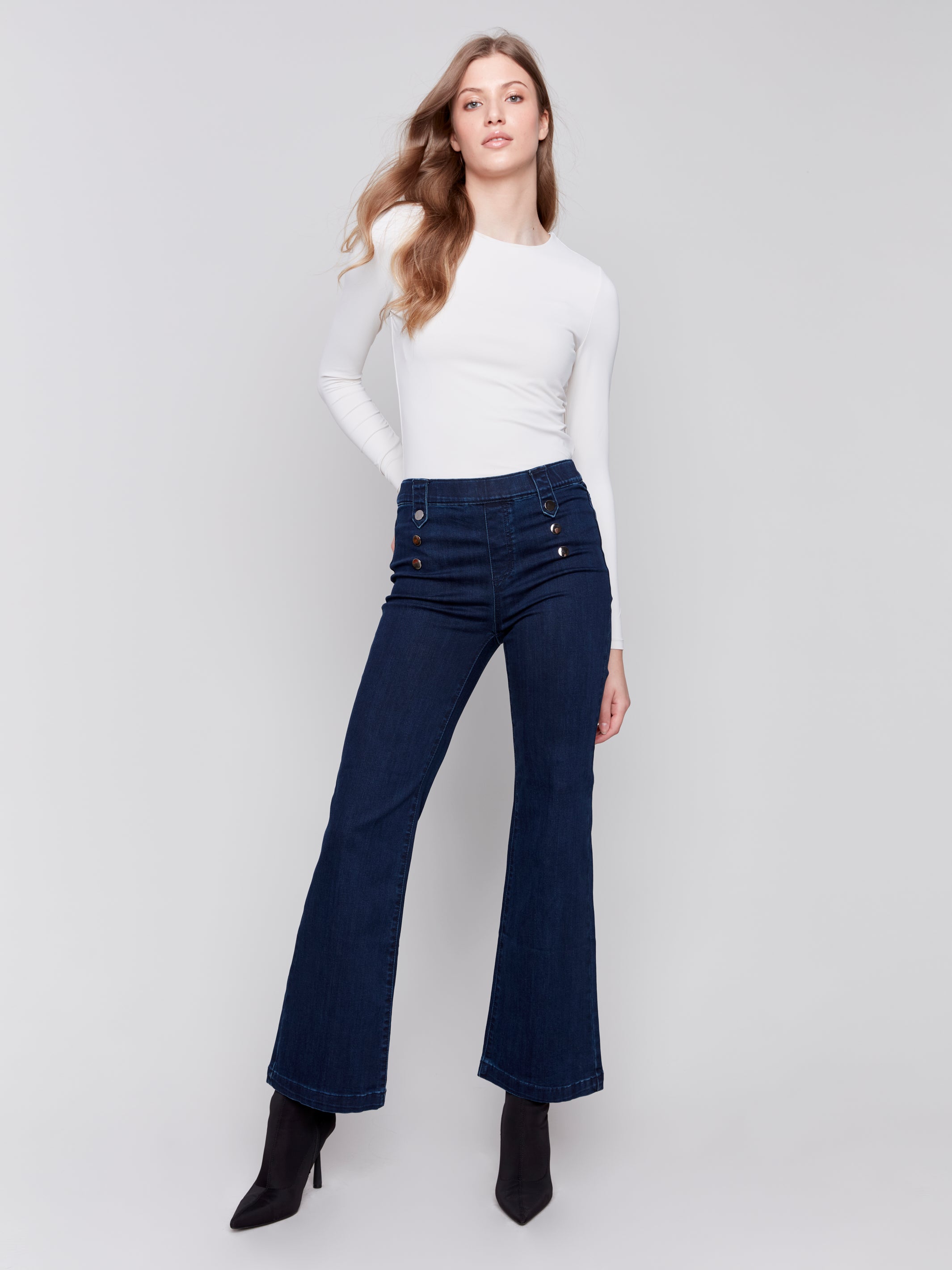 Pull-On Flare Jeans with Front Buttons