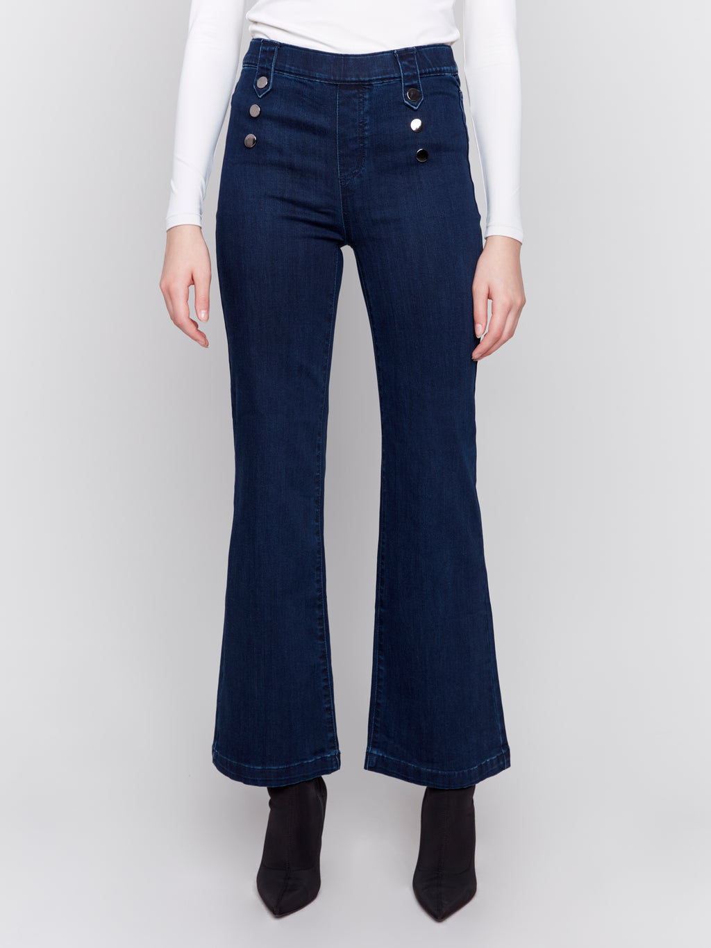 Pull-On Flare Jeans with Front Buttons