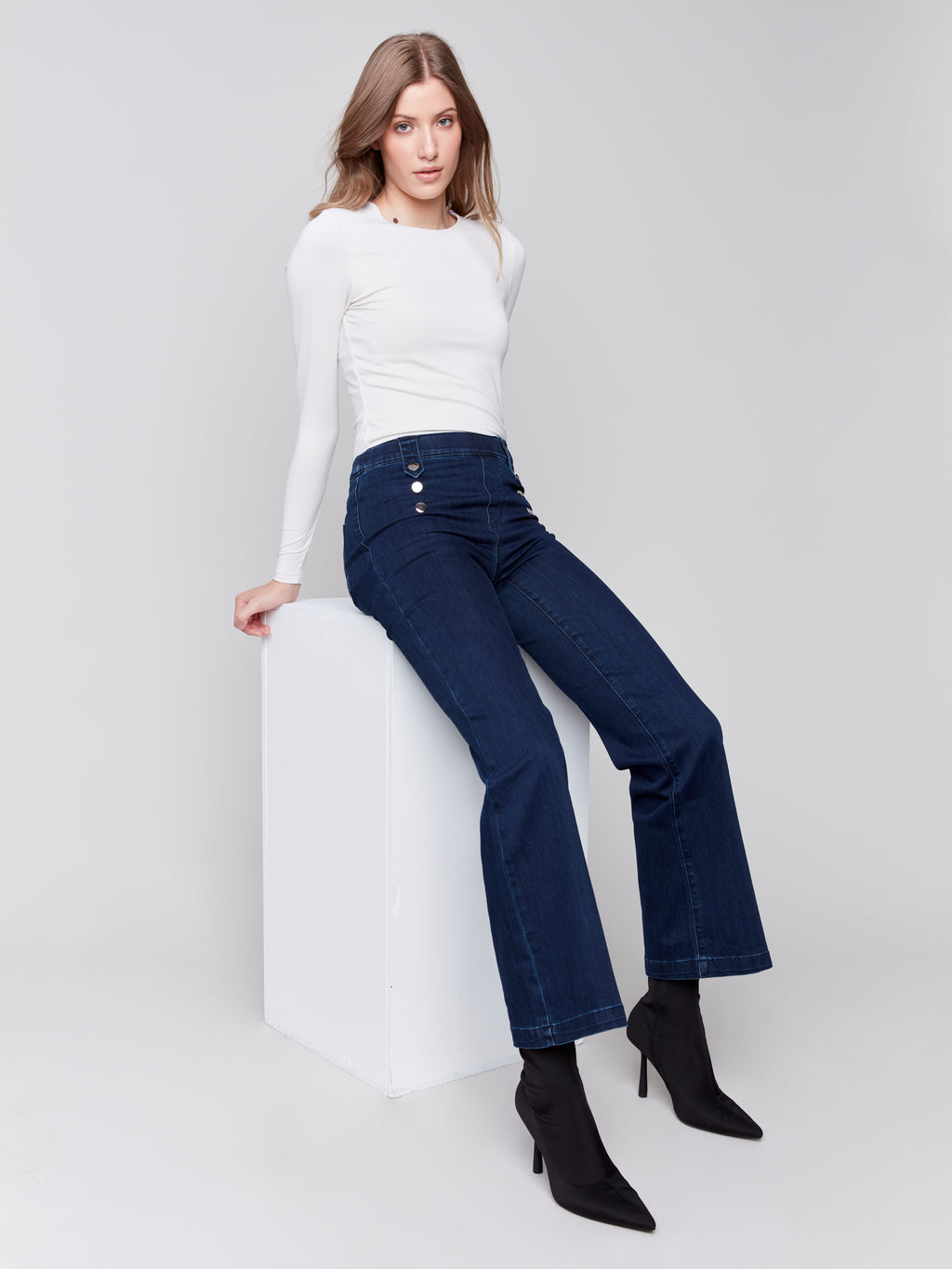 Pull-On Flare Jeans with Front Buttons
