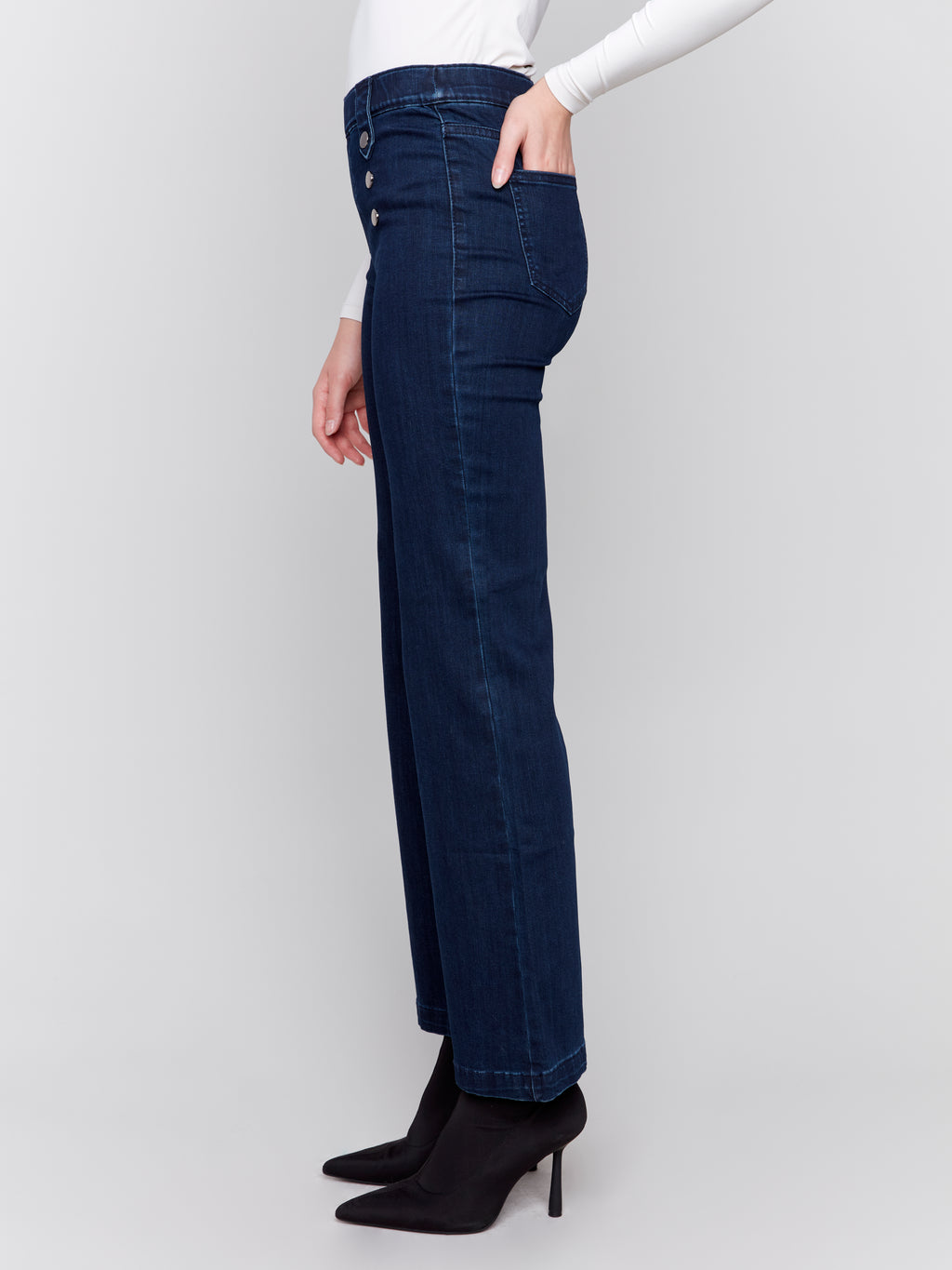 Pull-On Flare Jeans with Front Buttons