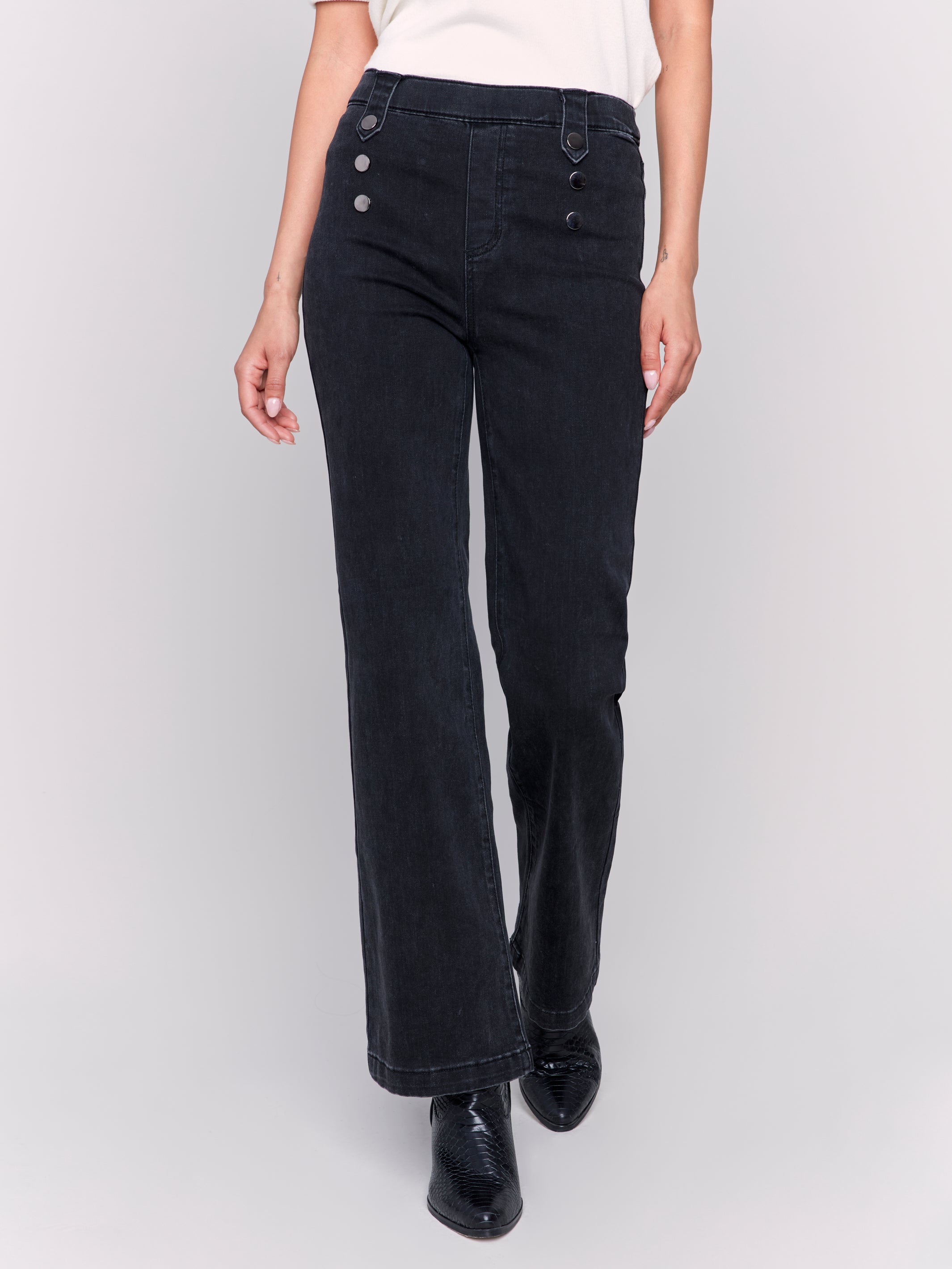 Pull-On Flare Jeans with Front Buttons