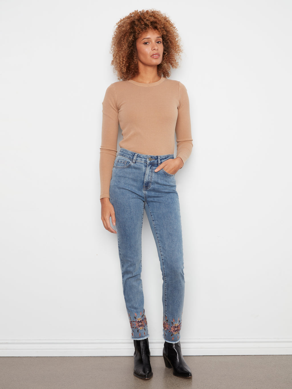 Hem Embroidered Slim Leg Stretch Denim Pants