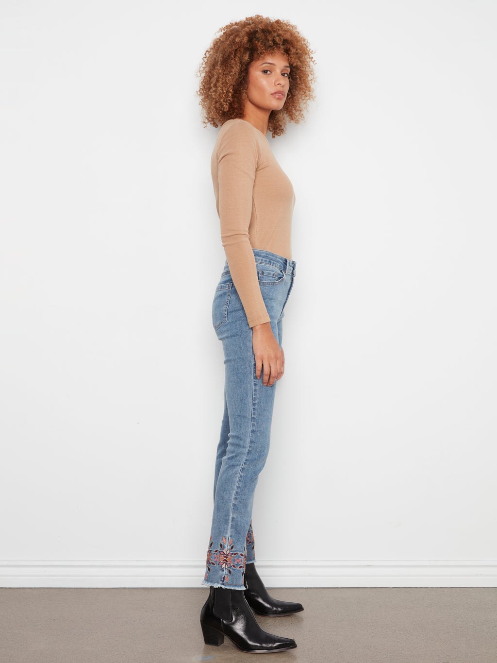 Hem Embroidered Slim Leg Stretch Denim Pants