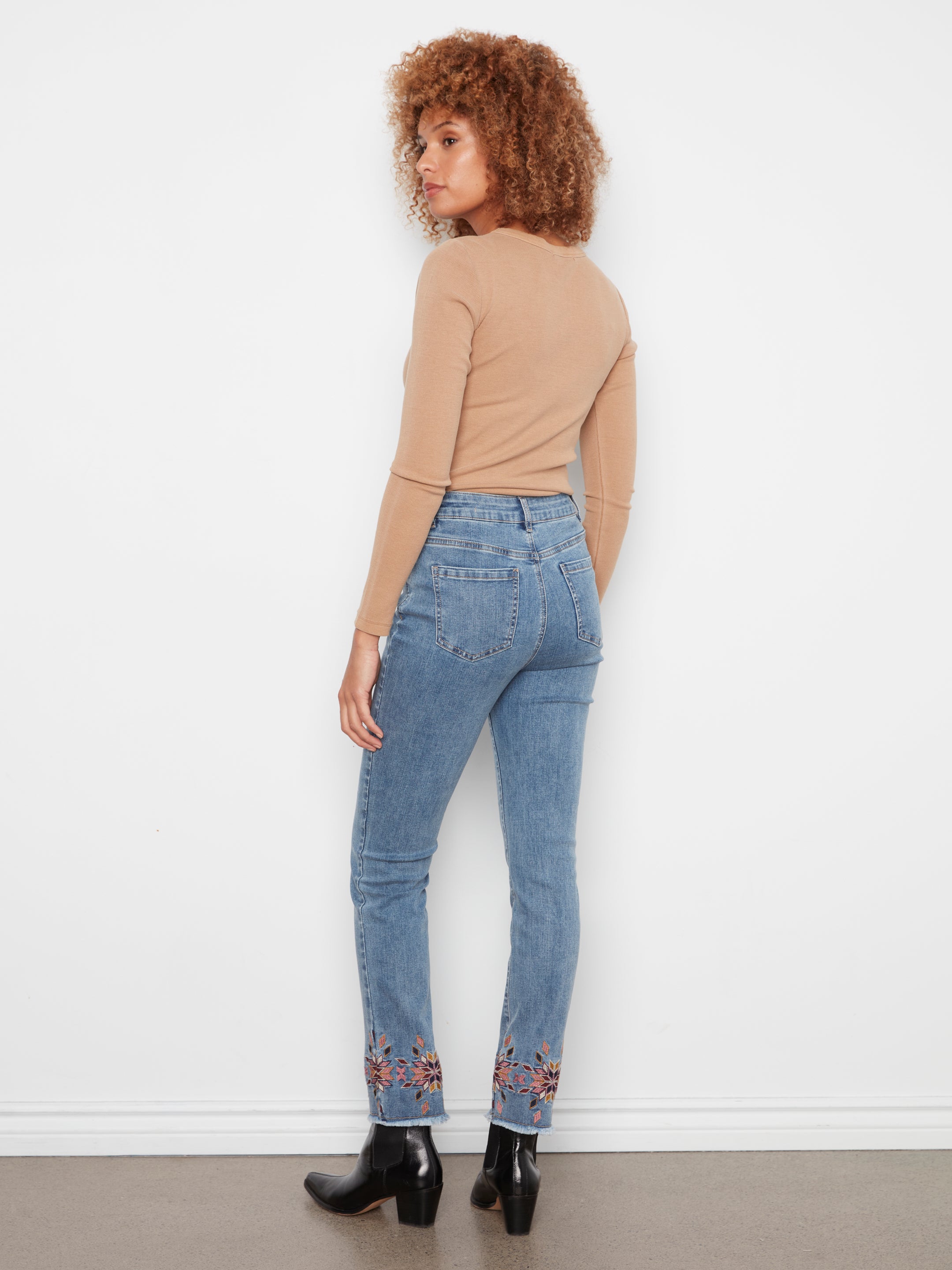 Hem Embroidered Slim Leg Stretch Denim Pants