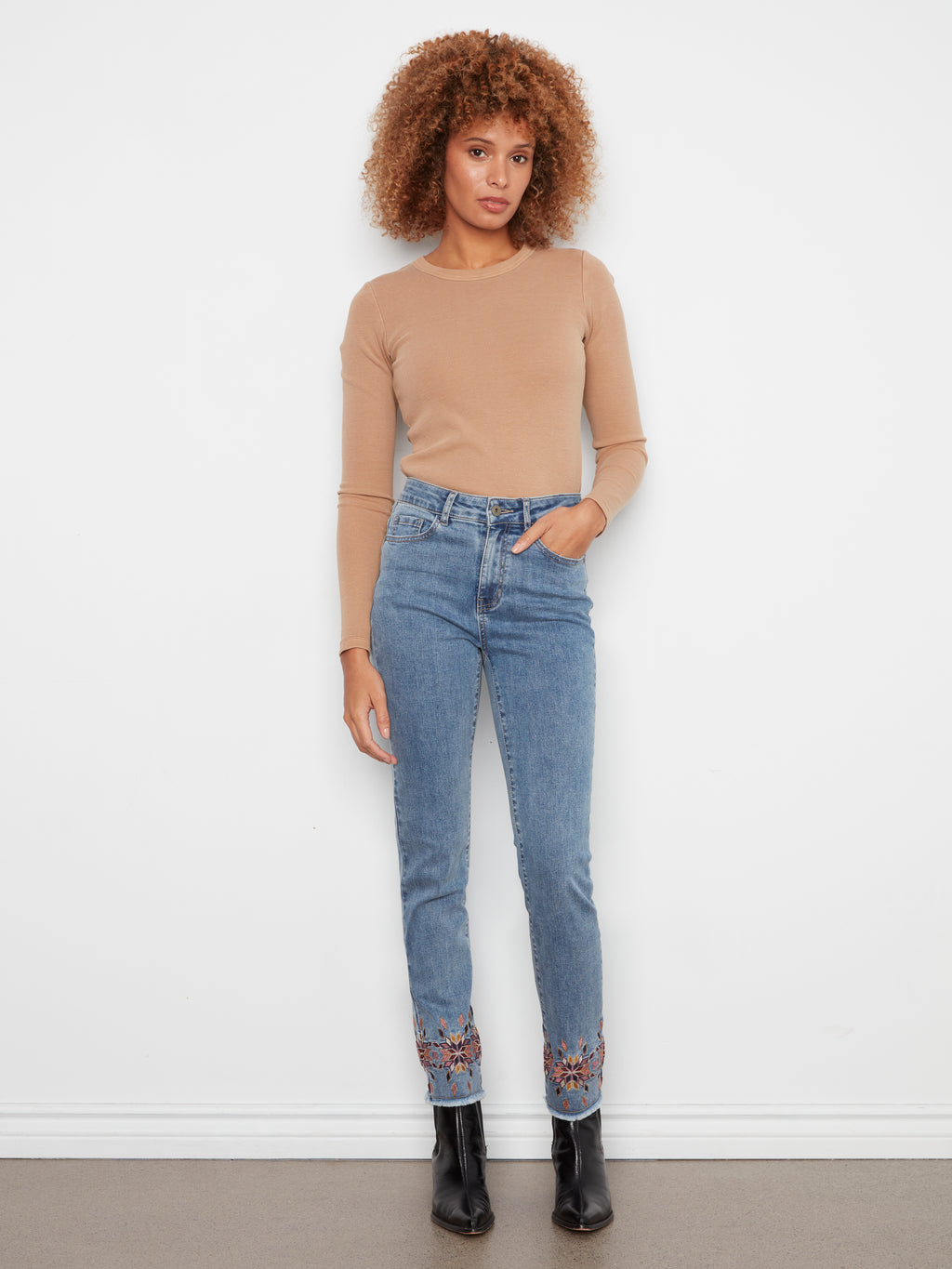 Hem Embroidered Slim Leg Stretch Denim Pants